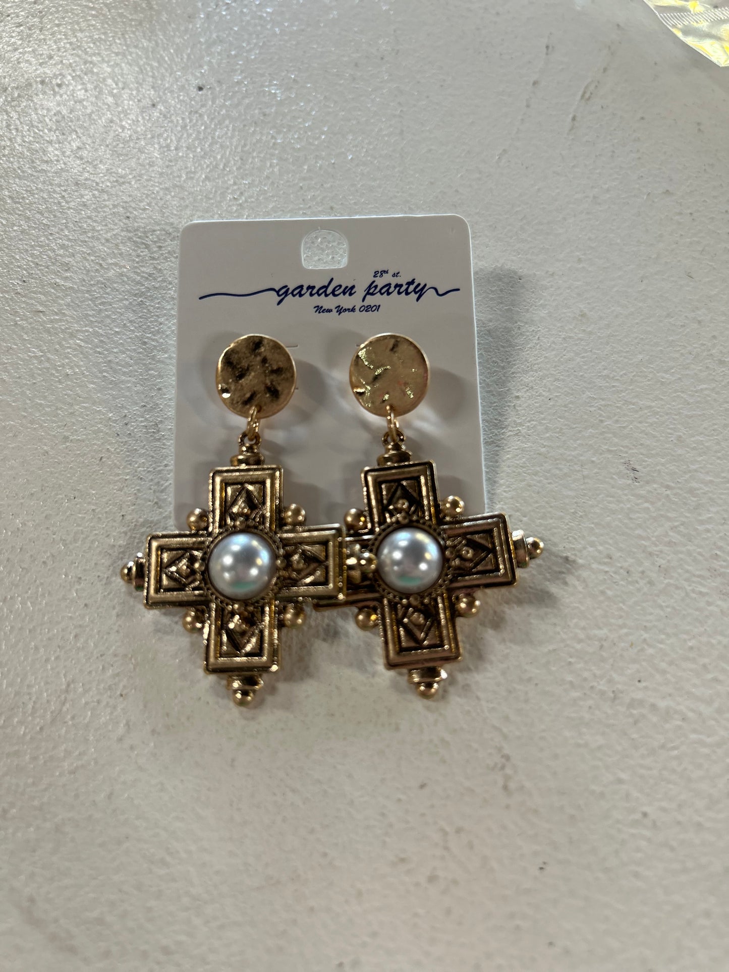 Gold Pearl Cross Earrings