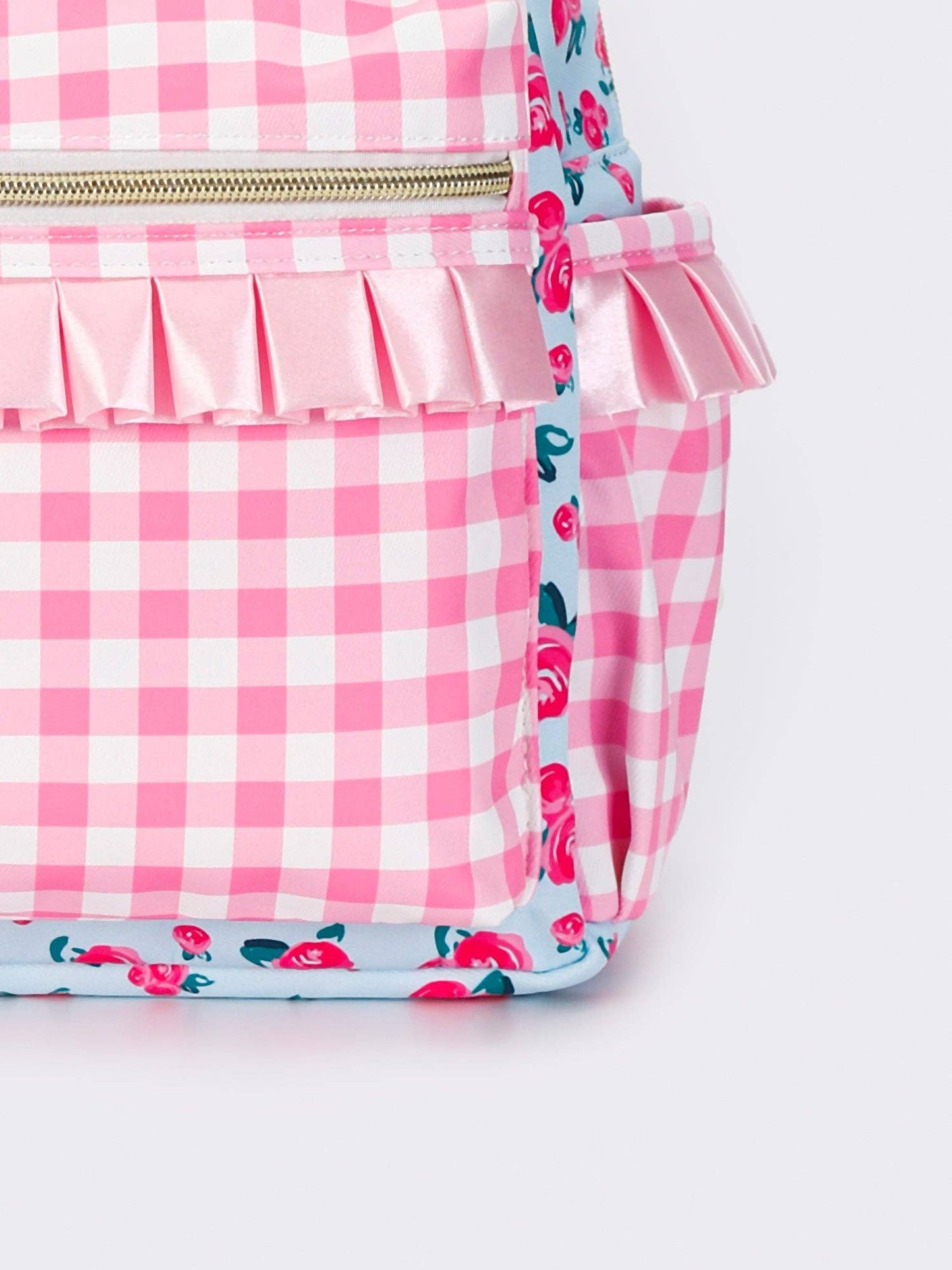 Pink Checkered Ruffle Flower Printed Backpack
