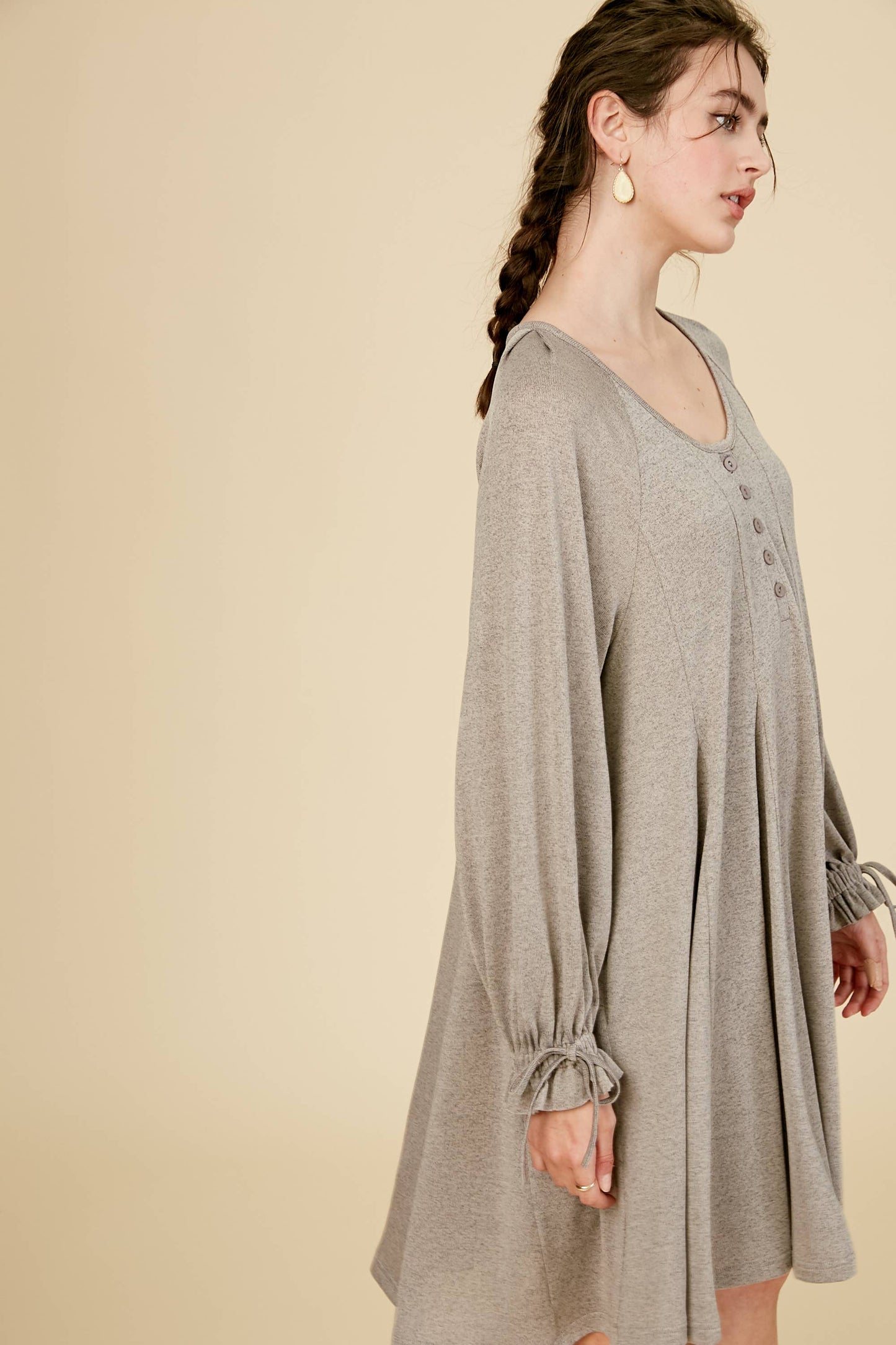 Drawstring Cuff Knit Babydoll Dress LD0804