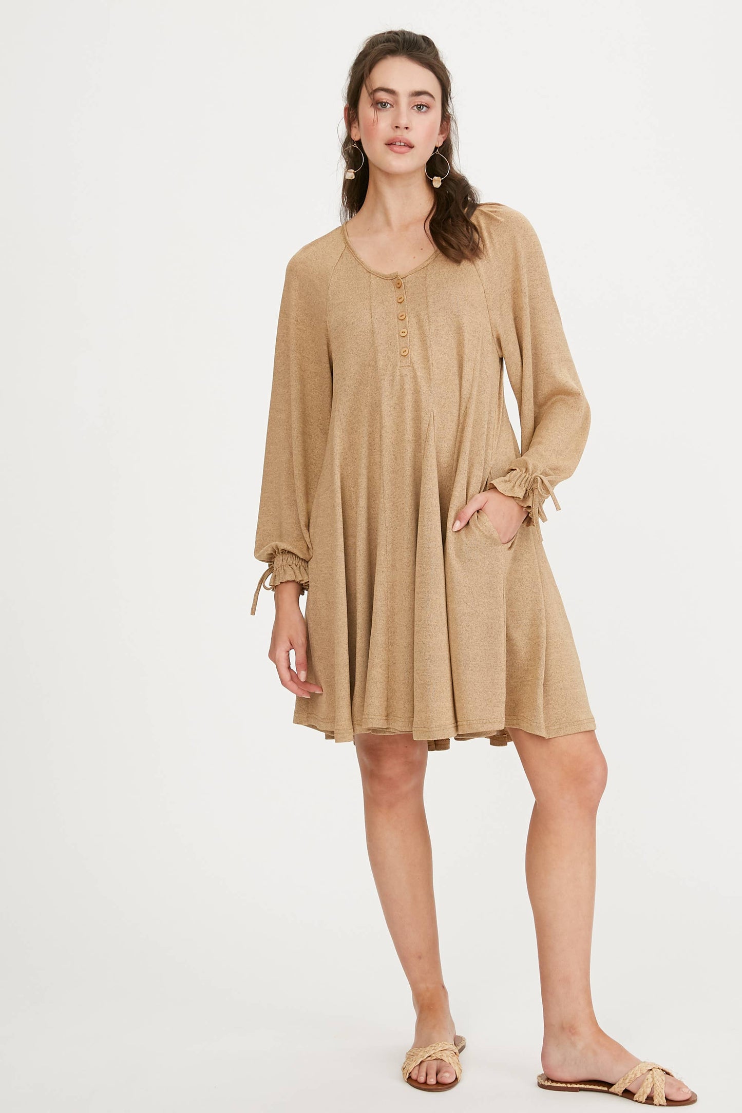 Drawstring Cuff Knit Babydoll Dress LD0804