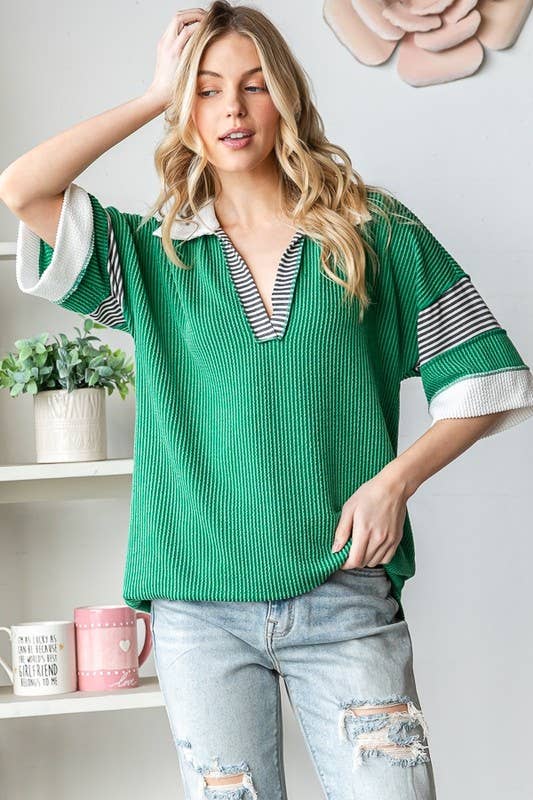BASIC COLLAR URBAN RIBBED CONTRAST TOP