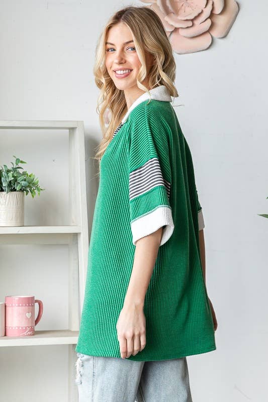 BASIC COLLAR URBAN RIBBED CONTRAST TOP