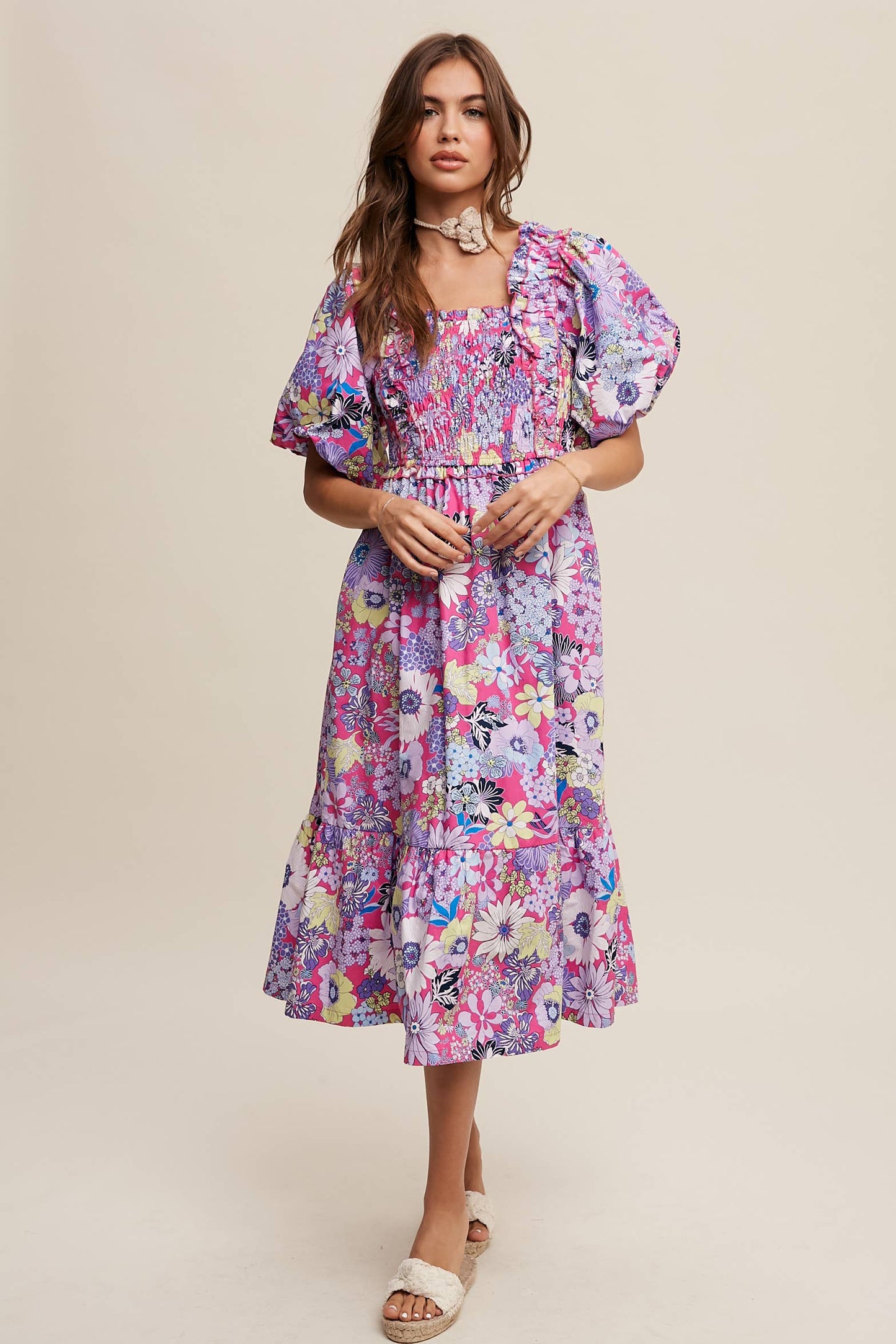 Vintage Flower Print Puff-Sleeve Midi Dress