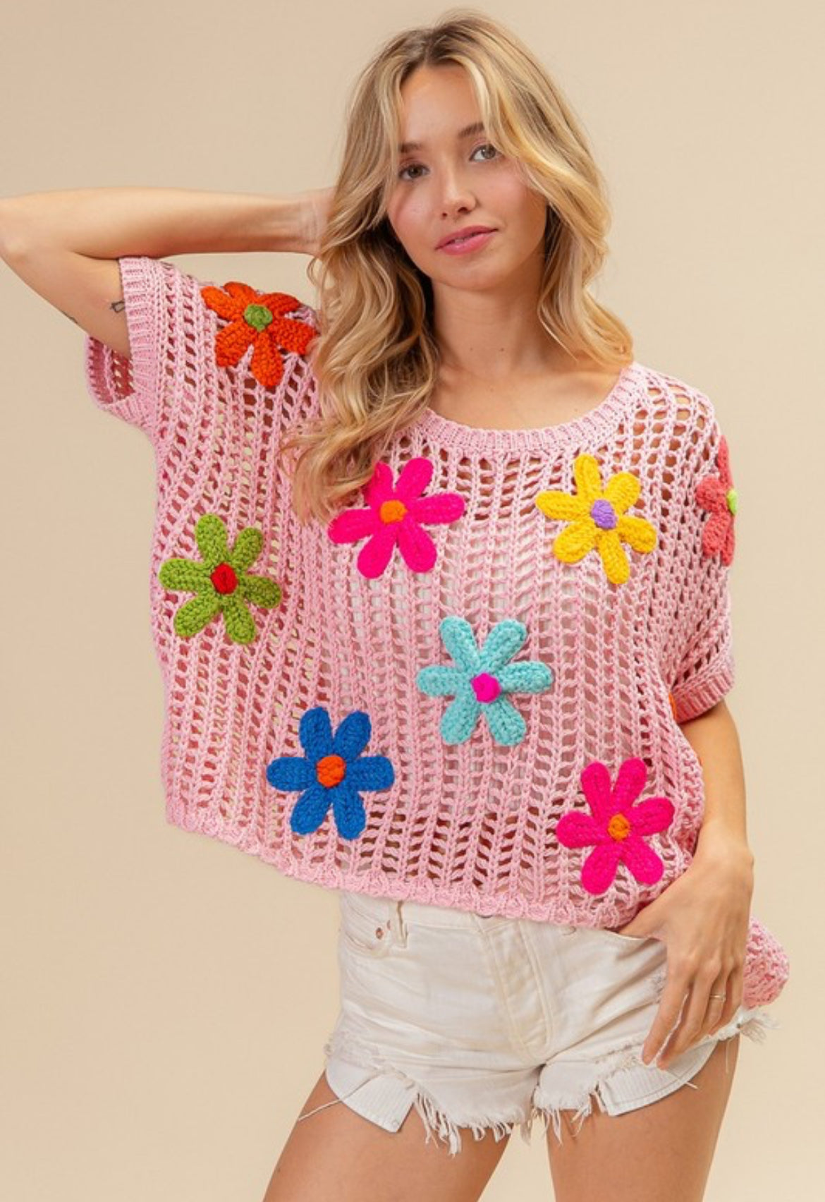 Pink Flower Knit Top