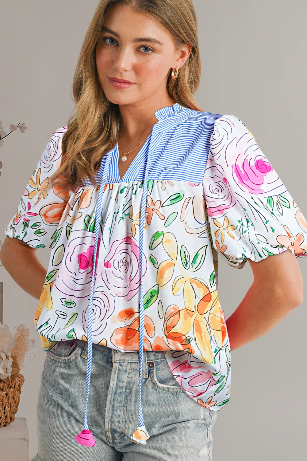 Chic Floral Print Striped Frilled Buff Sleeve Blouse | S-XL