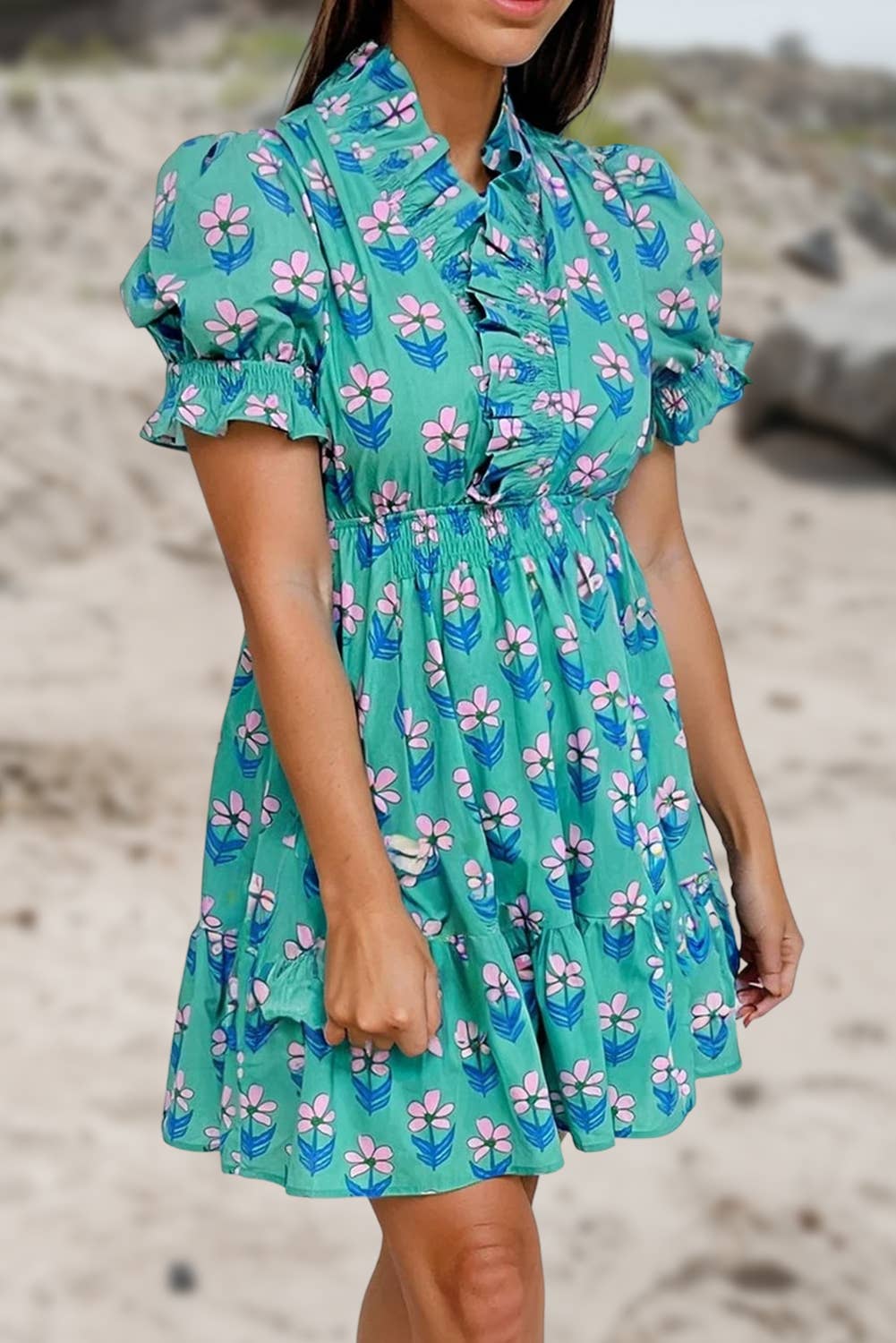 Floral Print Frilly Shirred Detail Mini Dress | S-XL