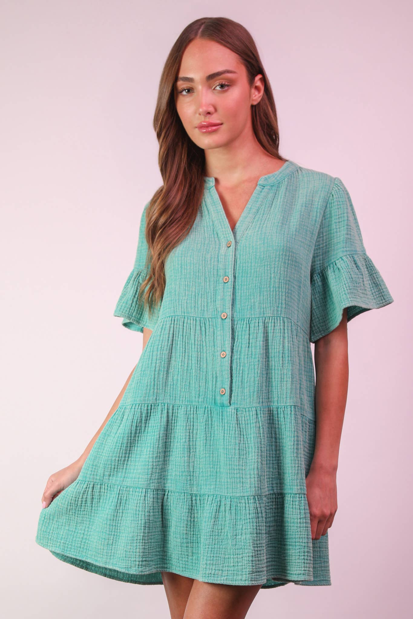 ND31579-Mineral Washed Baby Bell Sleeve Woven Mini Dress