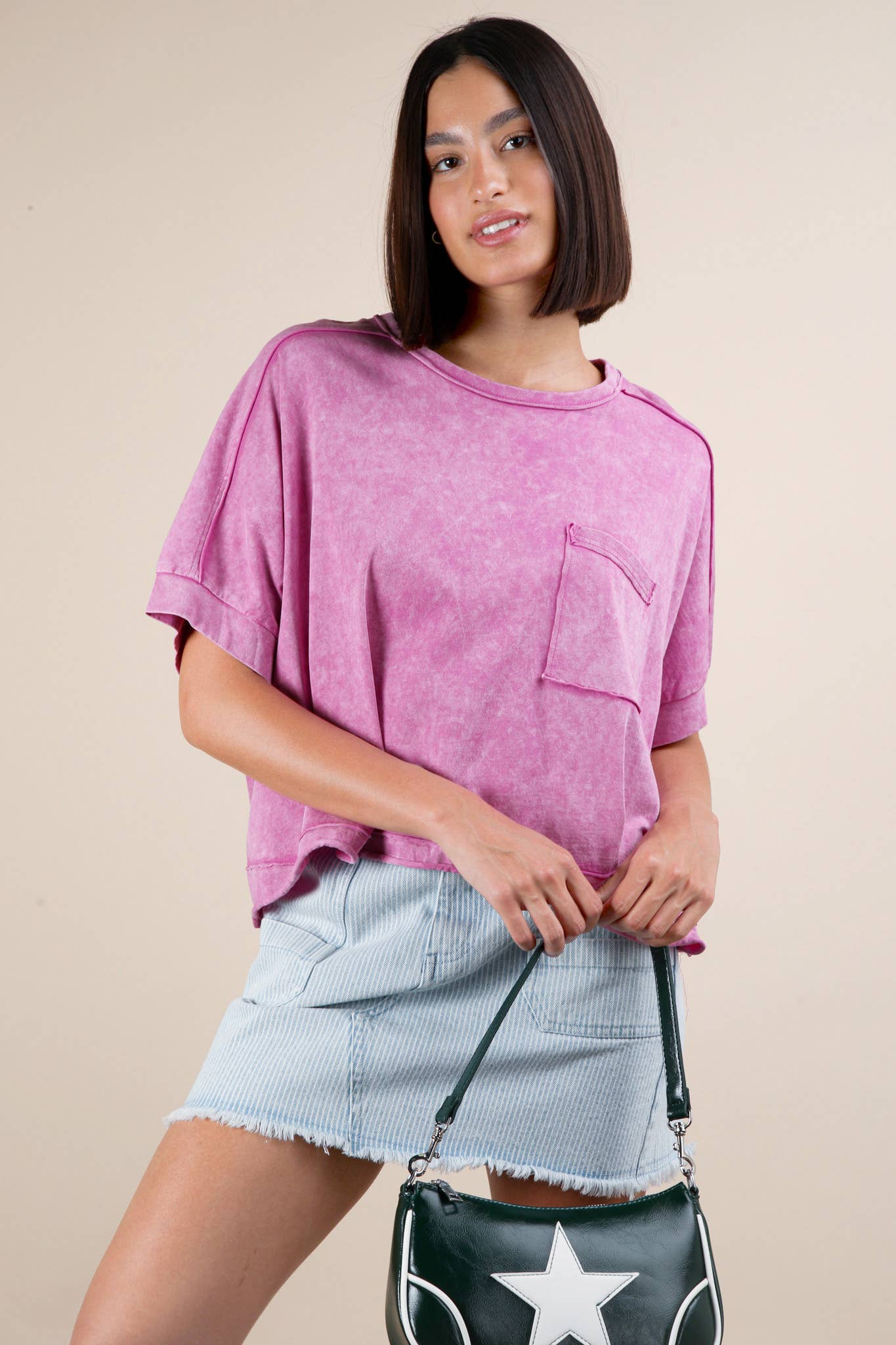 NT11429-Mineral Washed Oversized Crop Comfy Knit Top
