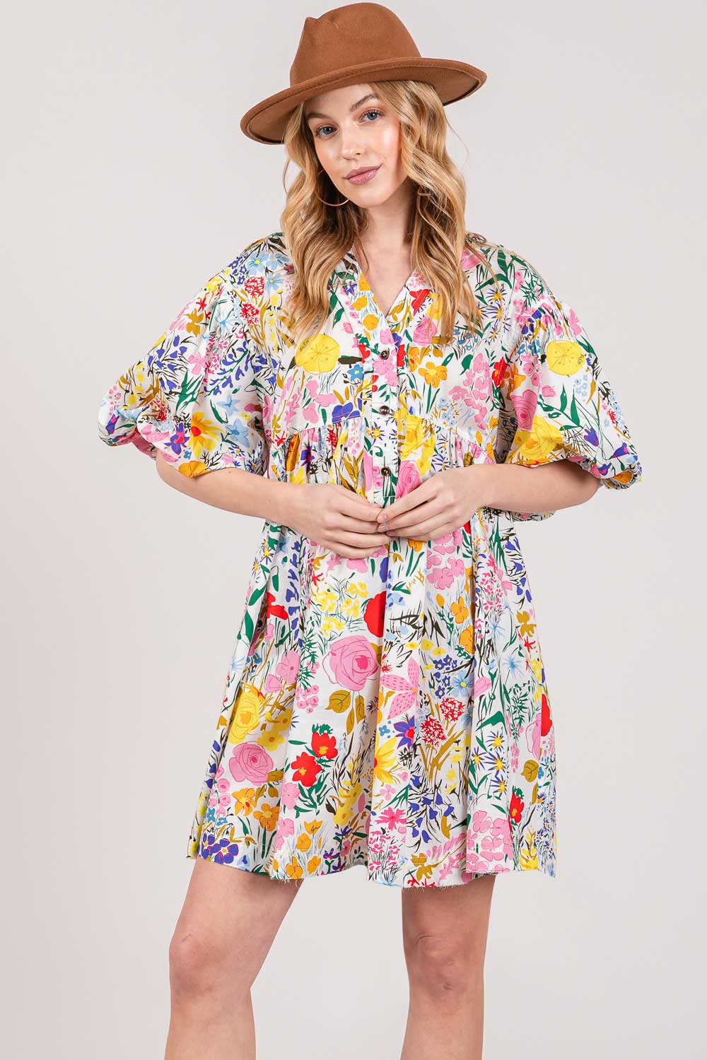 HALF BUTTON BUBBLE SLEEVE FLORAL MIDI DRESS