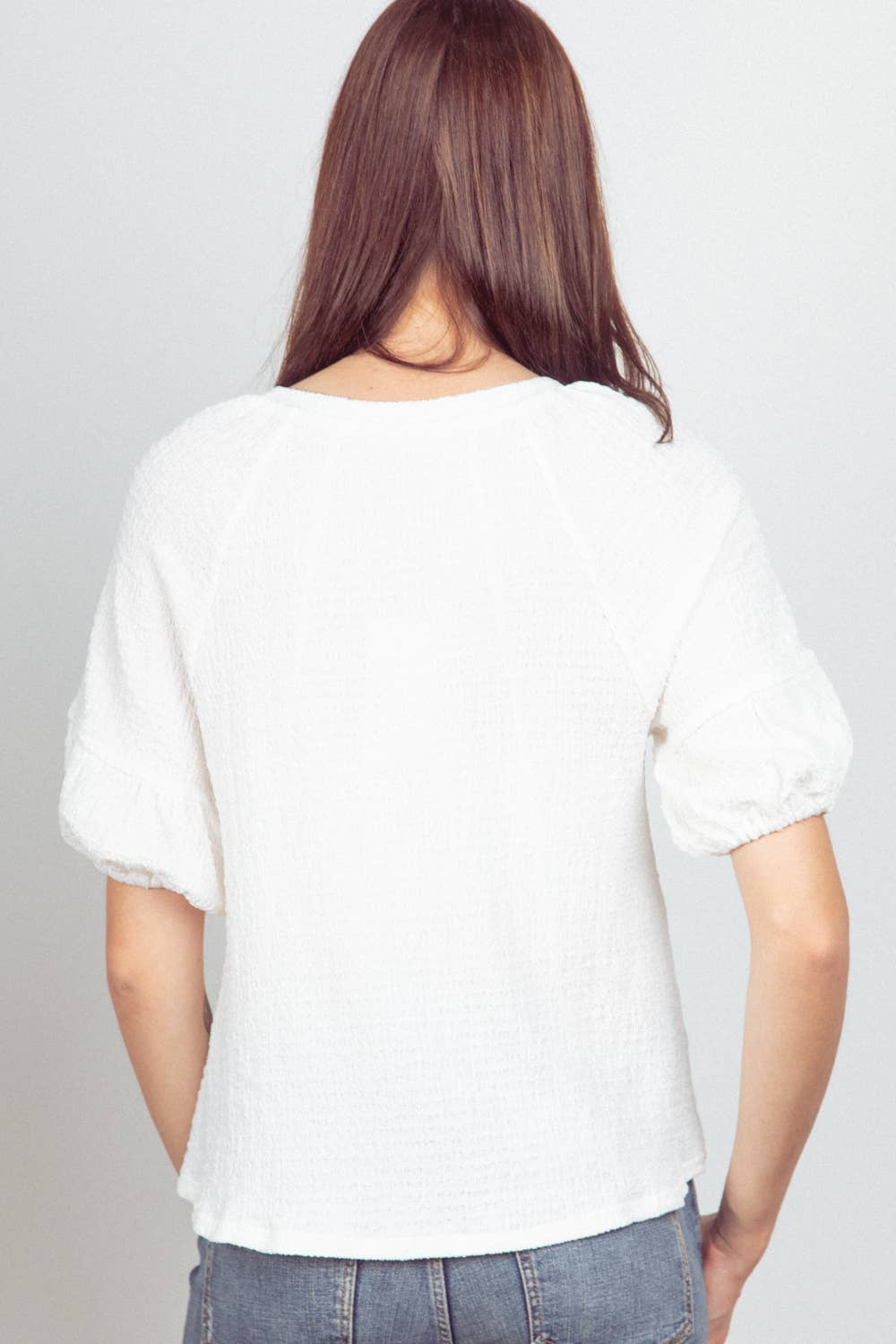 NT11467-Half Puff Sleeve Crinkle Knit Top