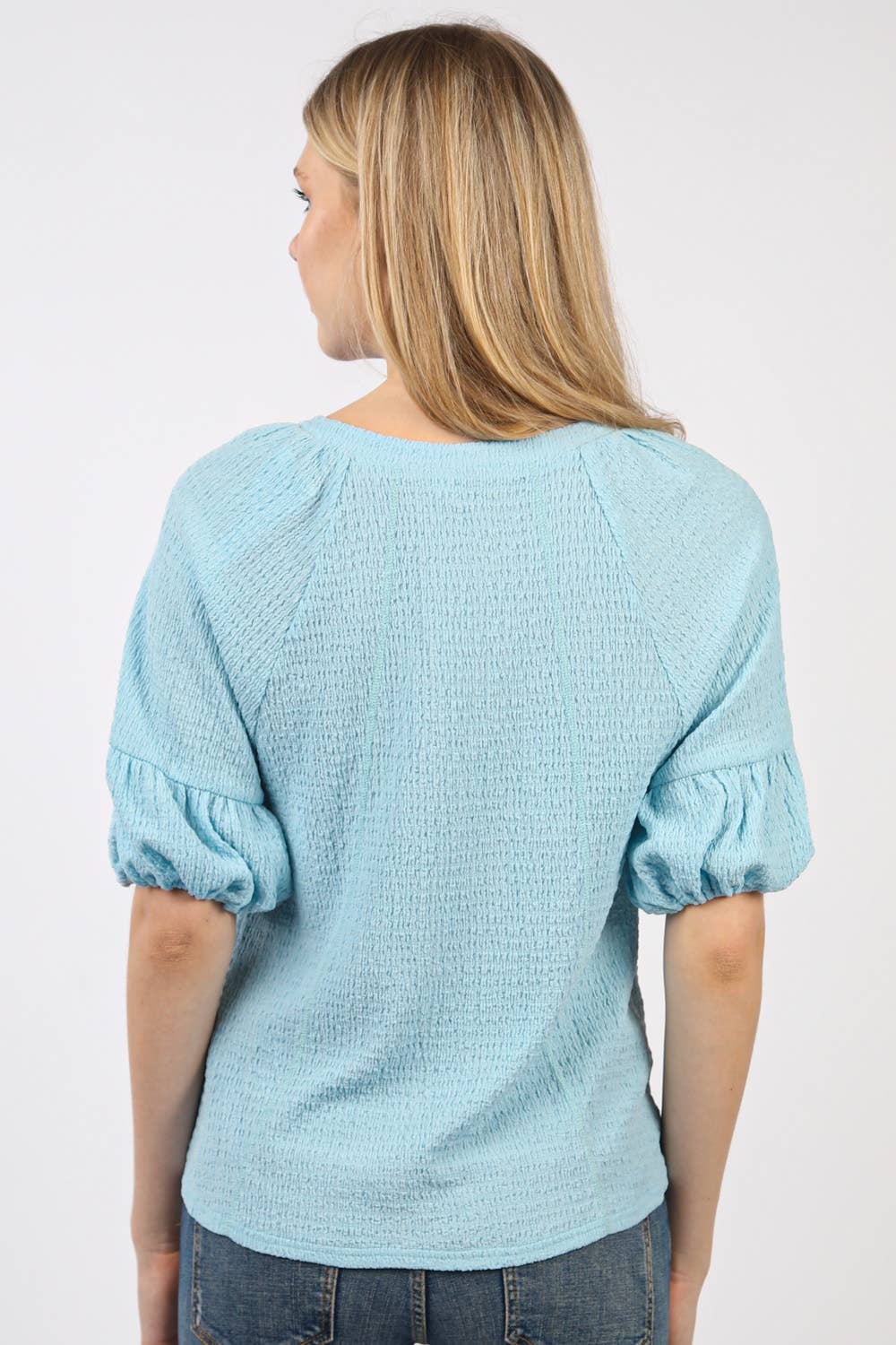 NT11467-Half Puff Sleeve Crinkle Knit Top