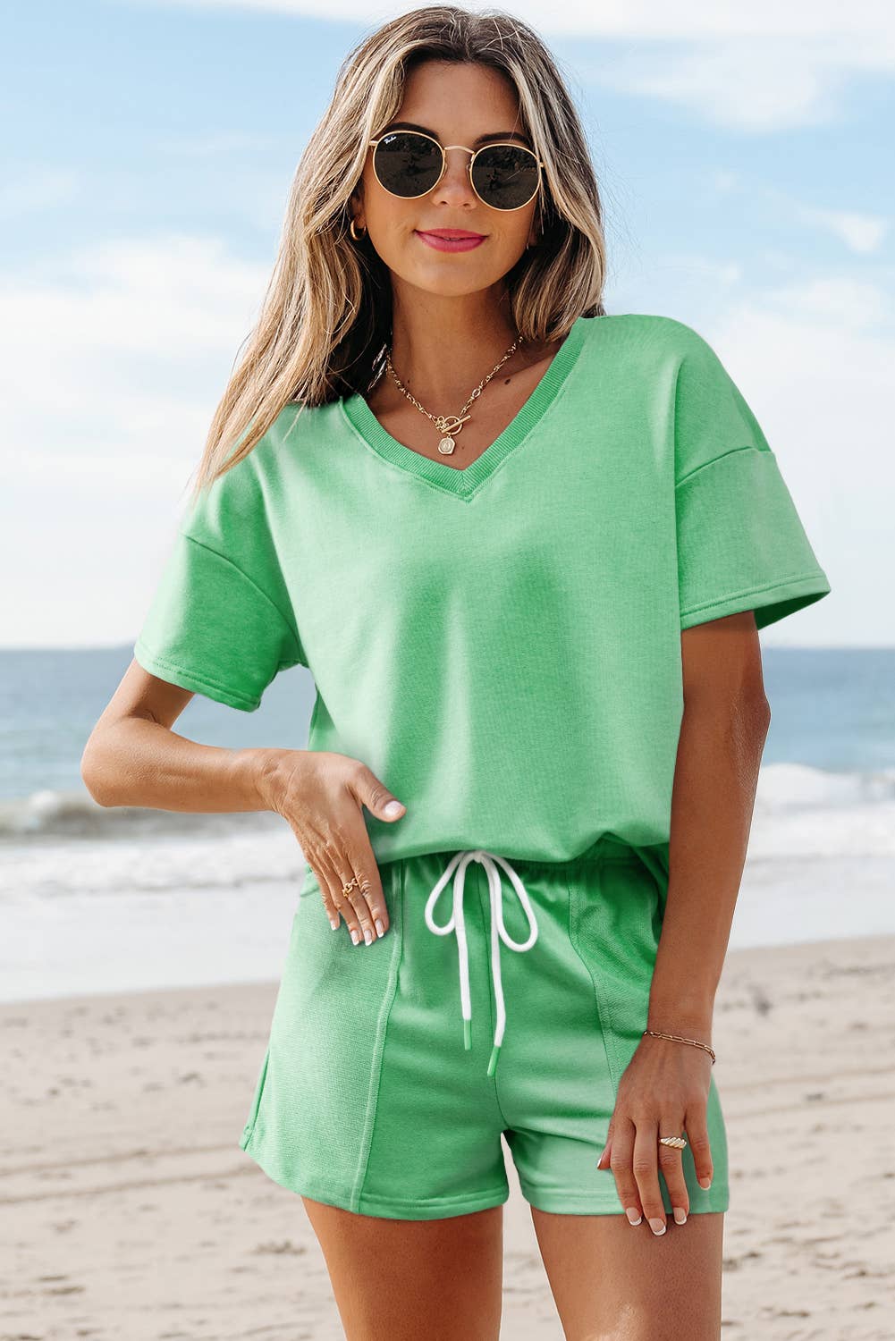 Comfy V Neck Tee & Pockets Shorts Set | S-XL