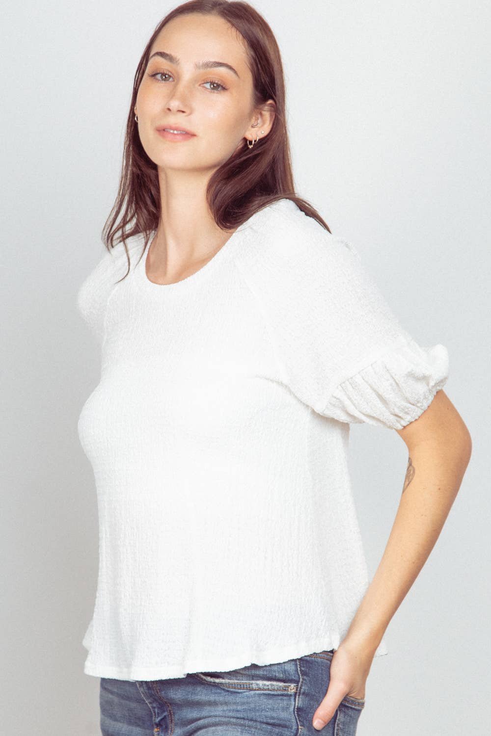 NT11467-Half Puff Sleeve Crinkle Knit Top