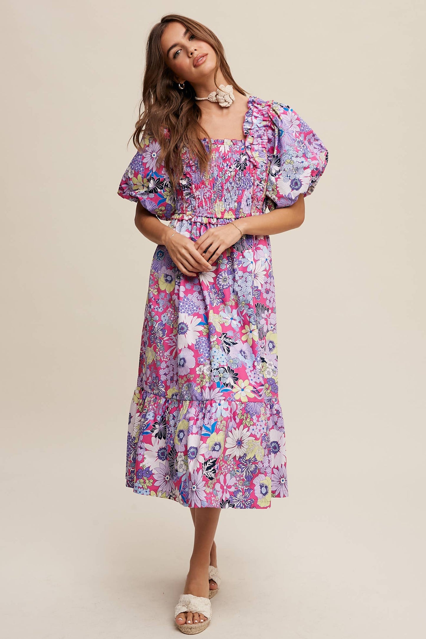 Vintage Flower Print Puff-Sleeve Midi Dress