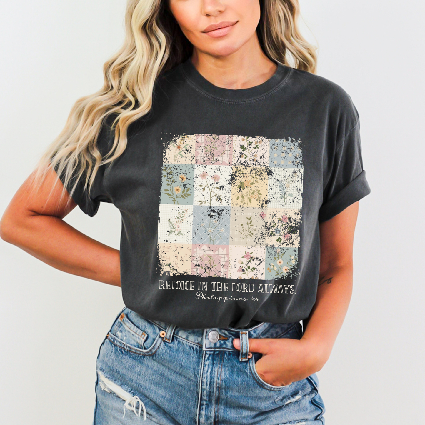 Rejoice In The Lord Always Vintage Floral Comfort Colors Tee