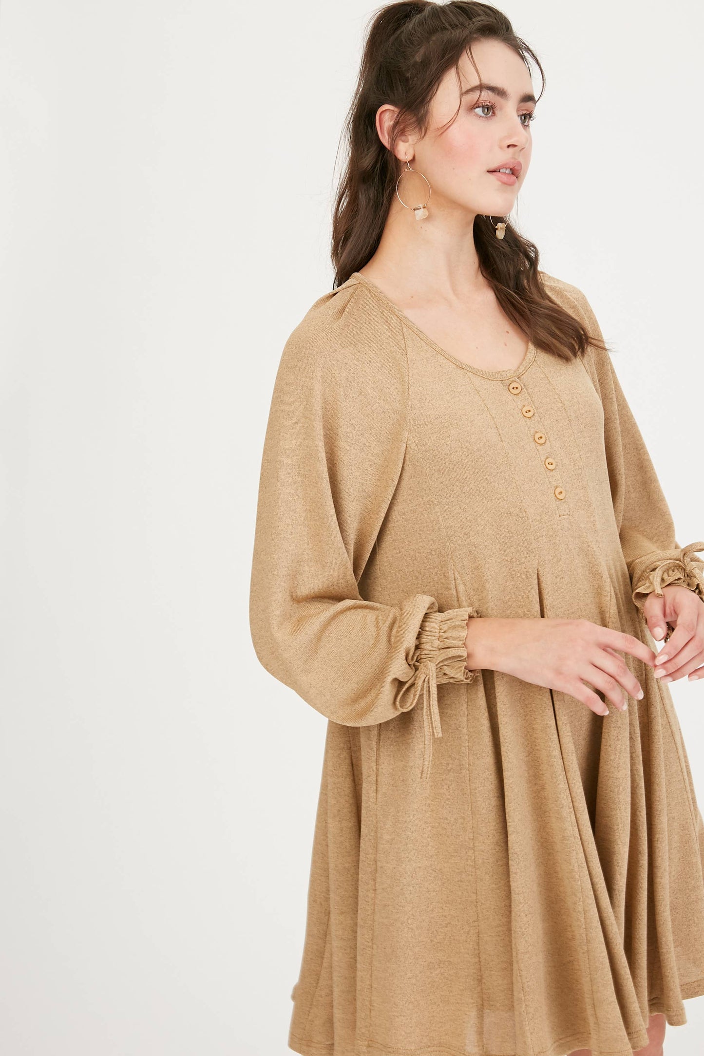 Drawstring Cuff Knit Babydoll Dress LD0804