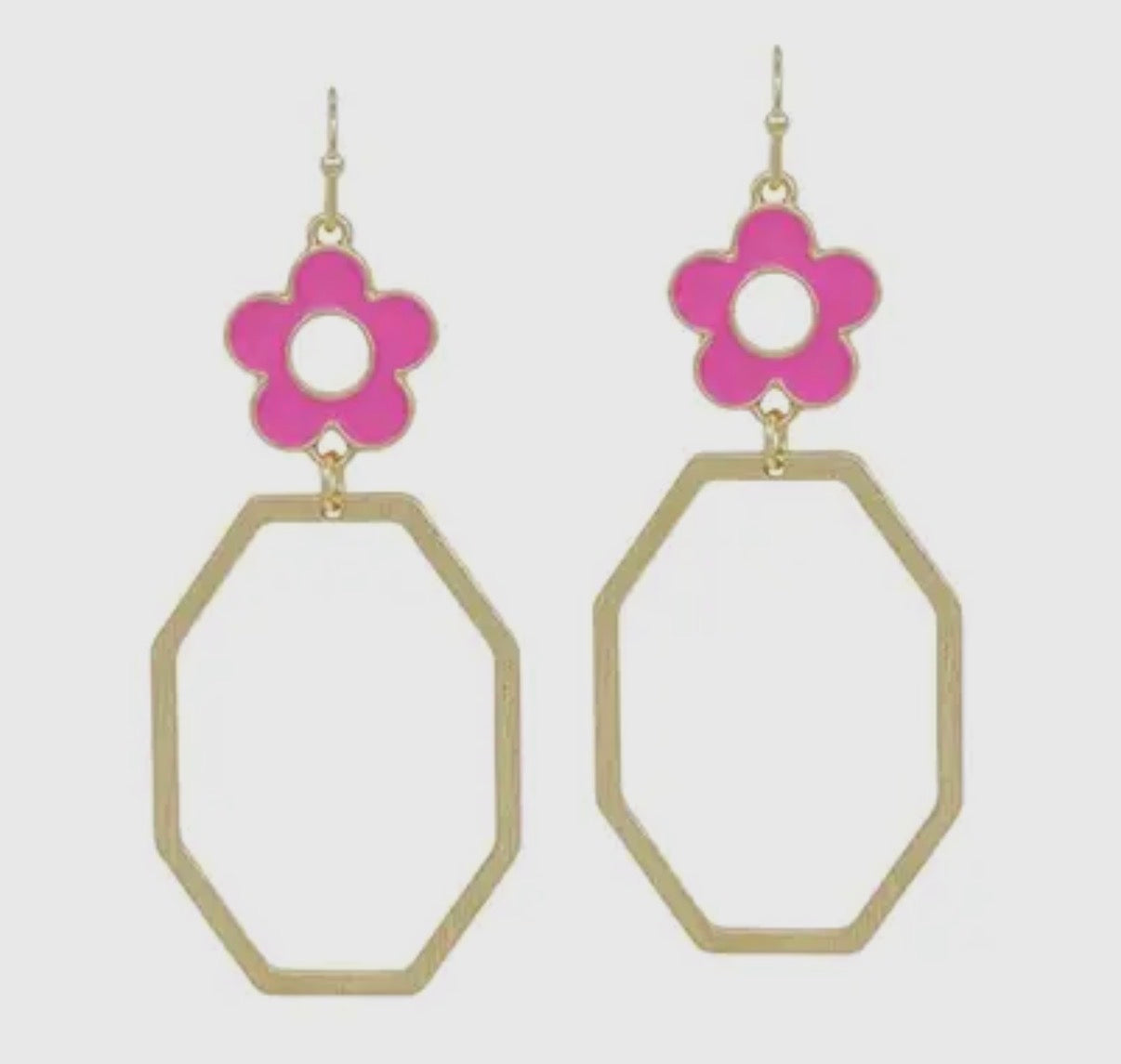 Hot pink flower octagon earrings