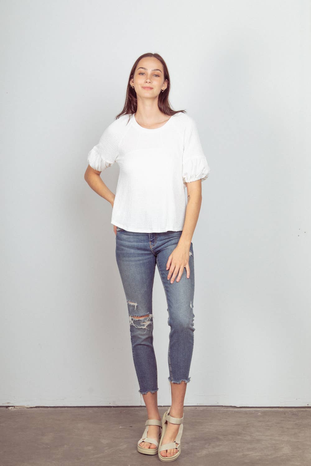 NT11467-Half Puff Sleeve Crinkle Knit Top