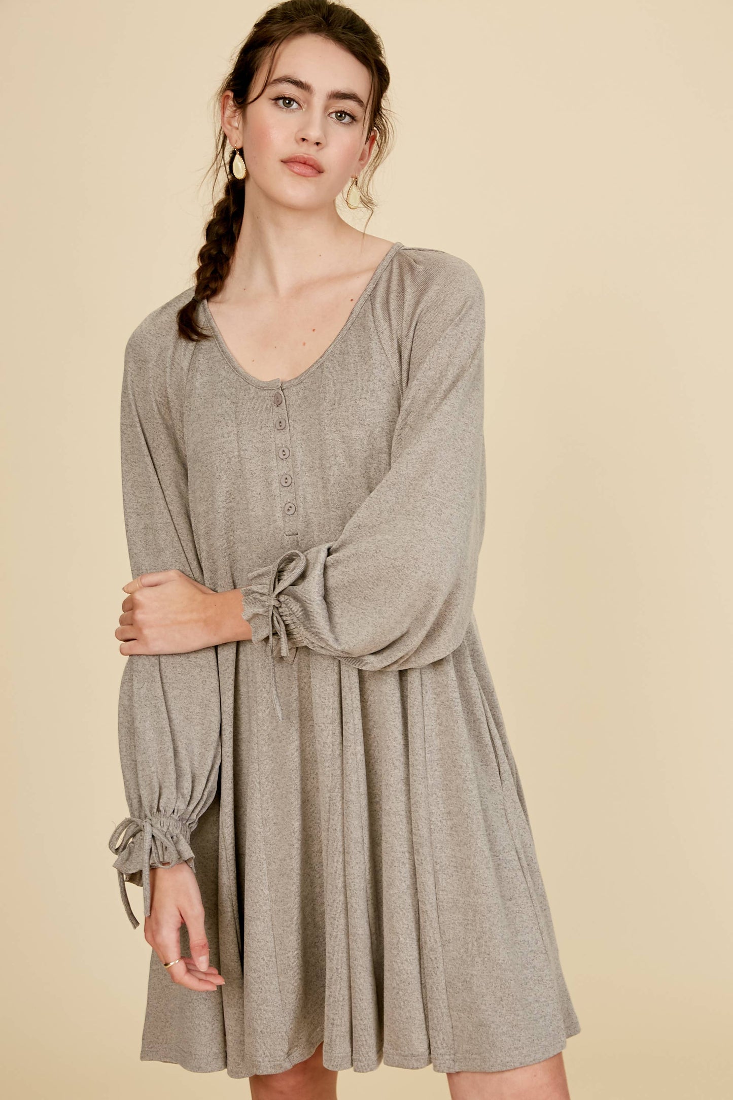 Drawstring Cuff Knit Babydoll Dress LD0804