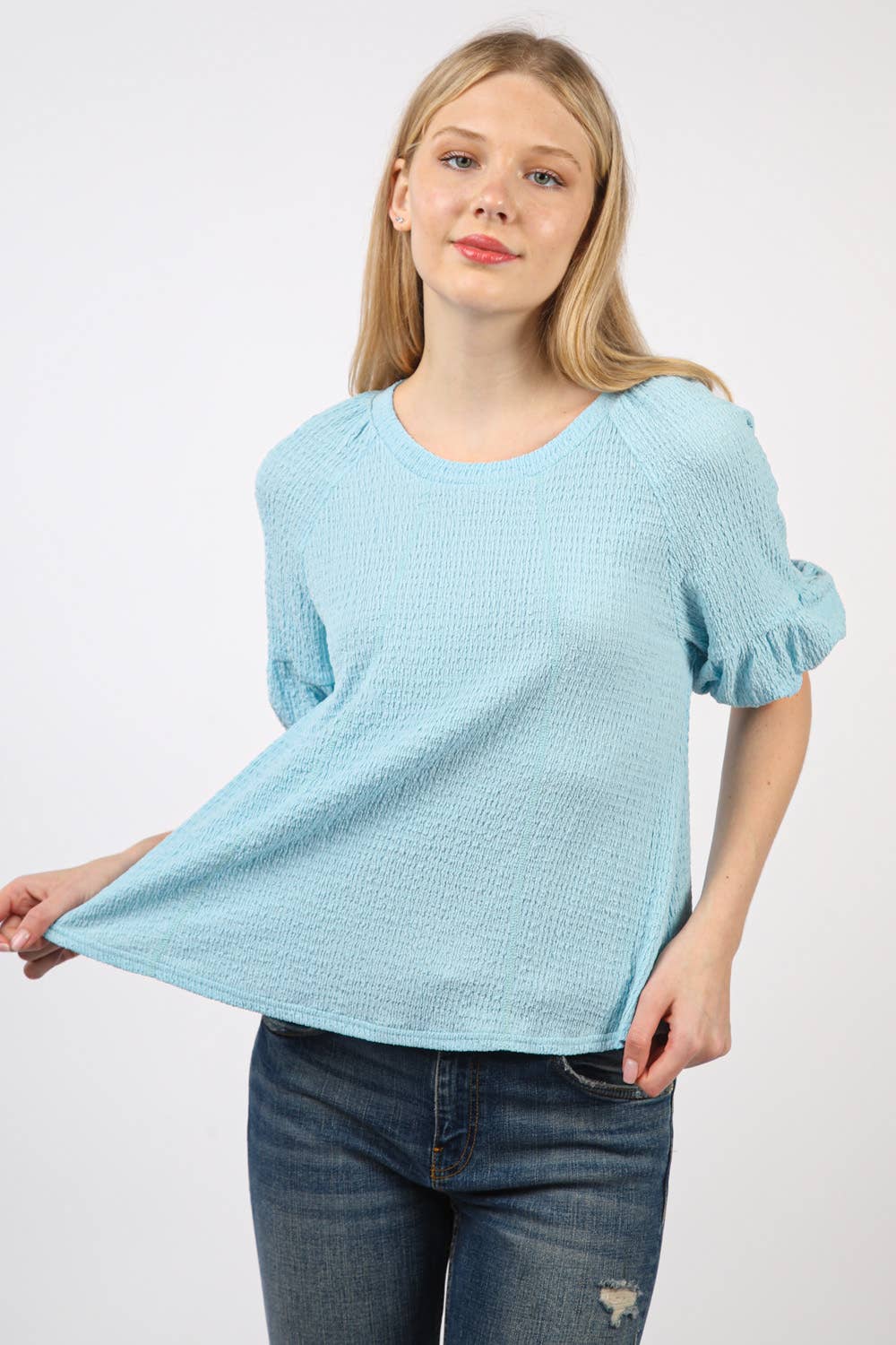 NT11467-Half Puff Sleeve Crinkle Knit Top