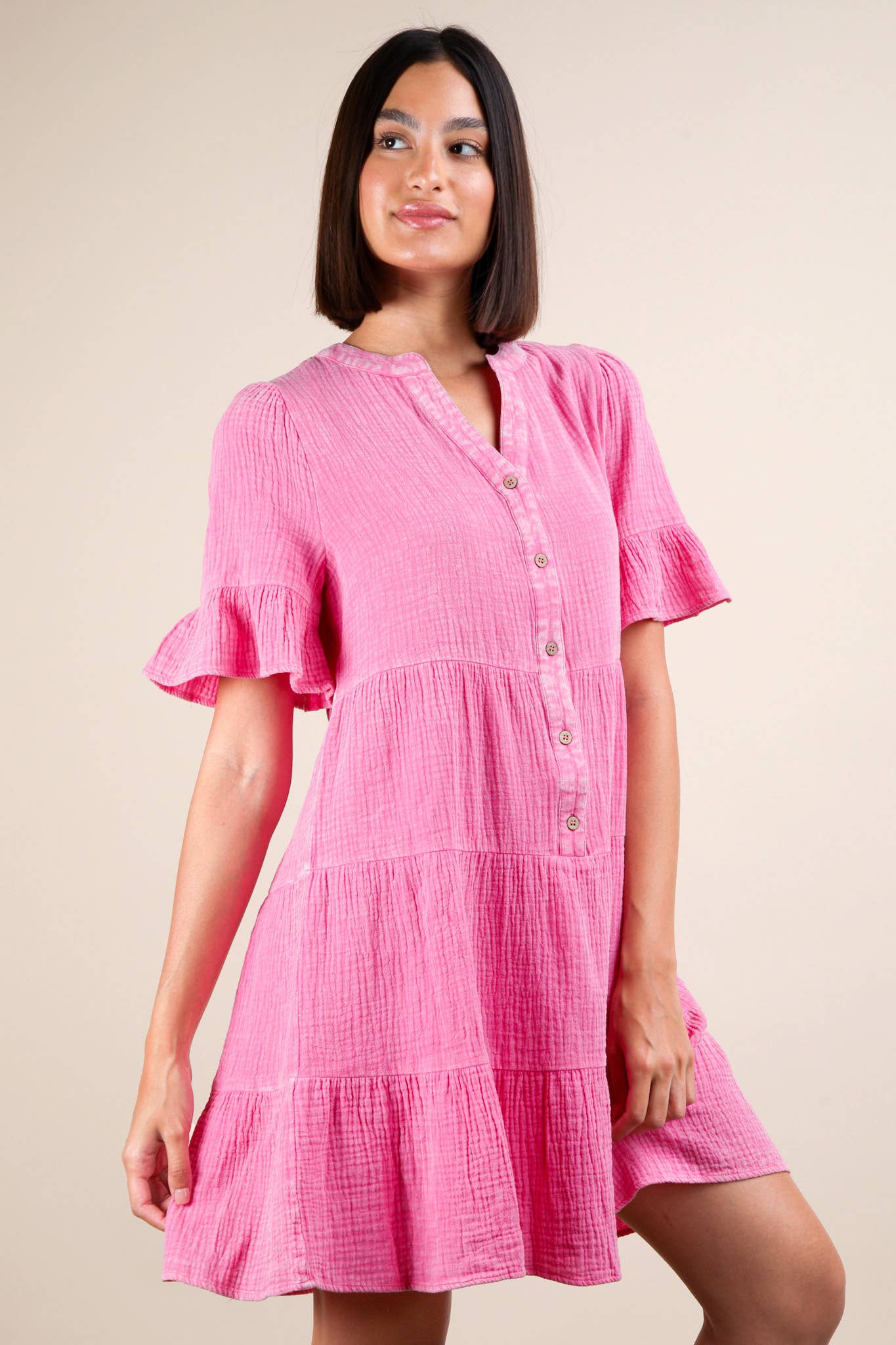 ND31579-Mineral Washed Baby Bell Sleeve Woven Mini Dress