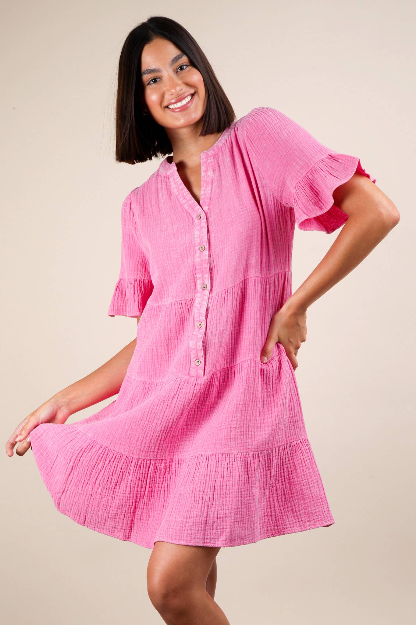 ND31579-Mineral Washed Baby Bell Sleeve Woven Mini Dress