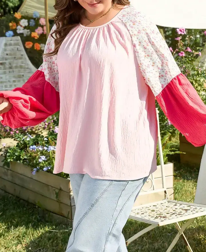 Pink Contrast Floral Patchwork Long Sleeve Plus Size Blouse