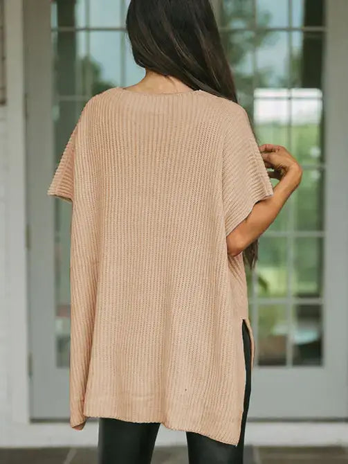 Gray Short Sleeve Side Slit Oversized Sweater