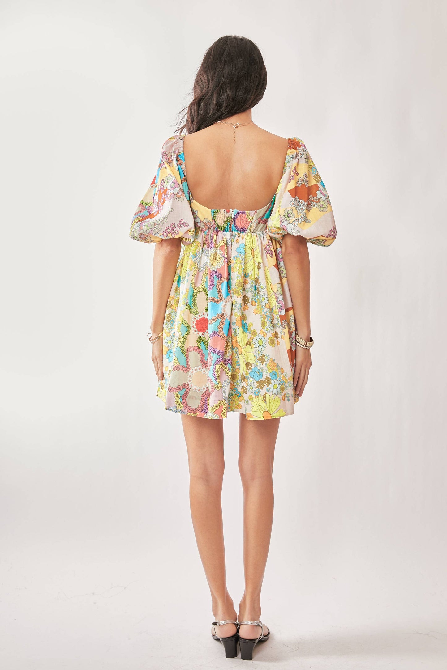 PLUS FLORAL PUFF SHORT SLEEVE BABYDOLL MINI DRESS