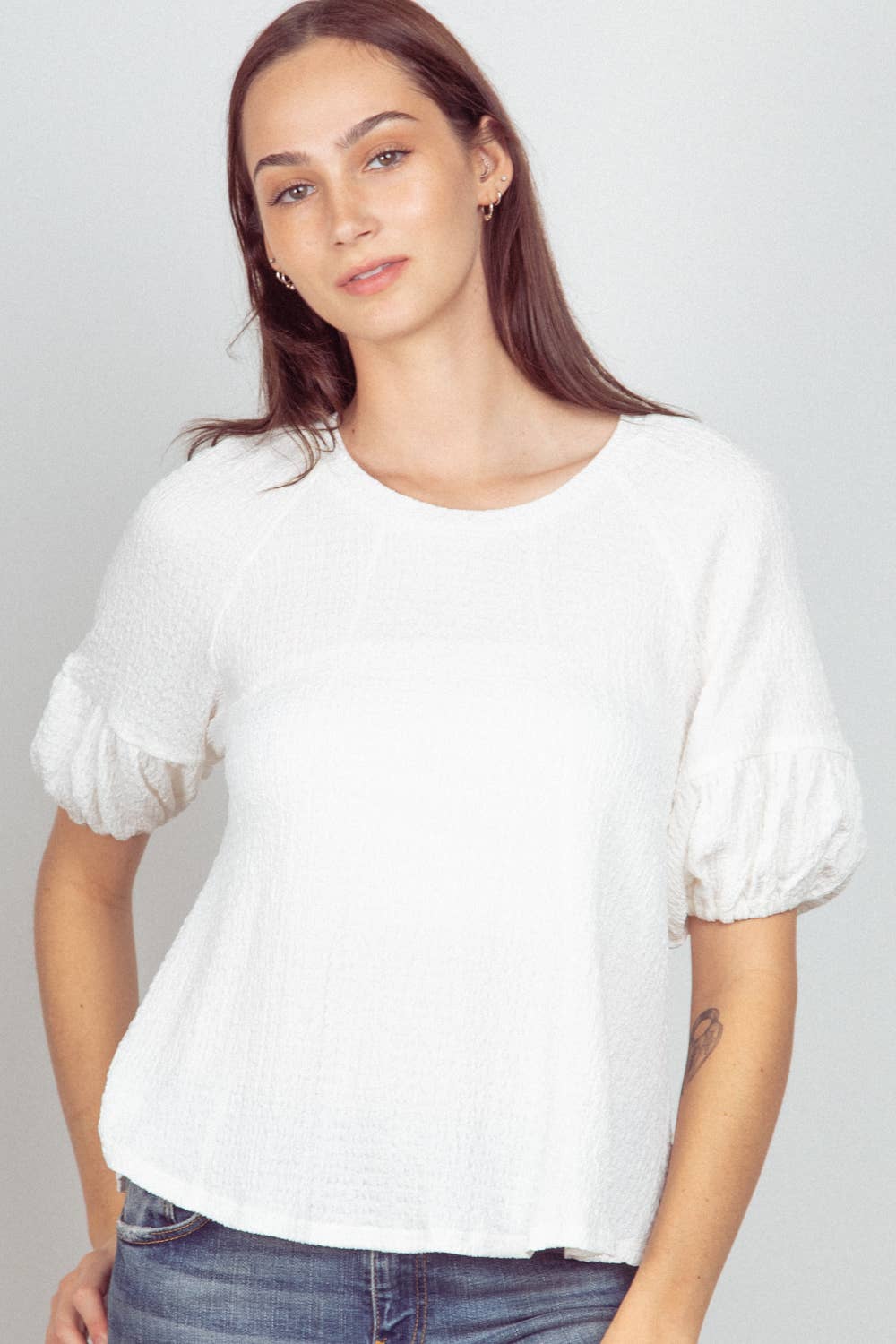 NT11467-Half Puff Sleeve Crinkle Knit Top
