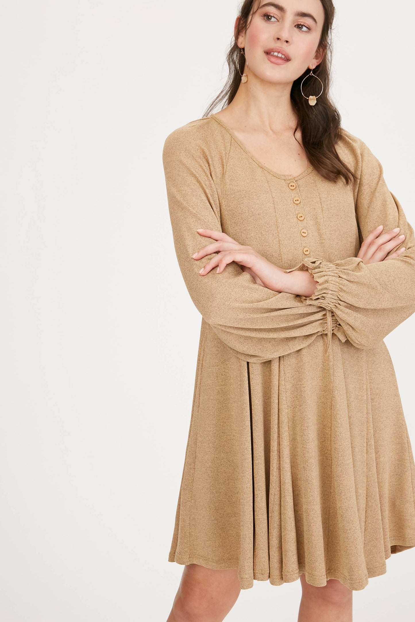 Drawstring Cuff Knit Babydoll Dress LD0804