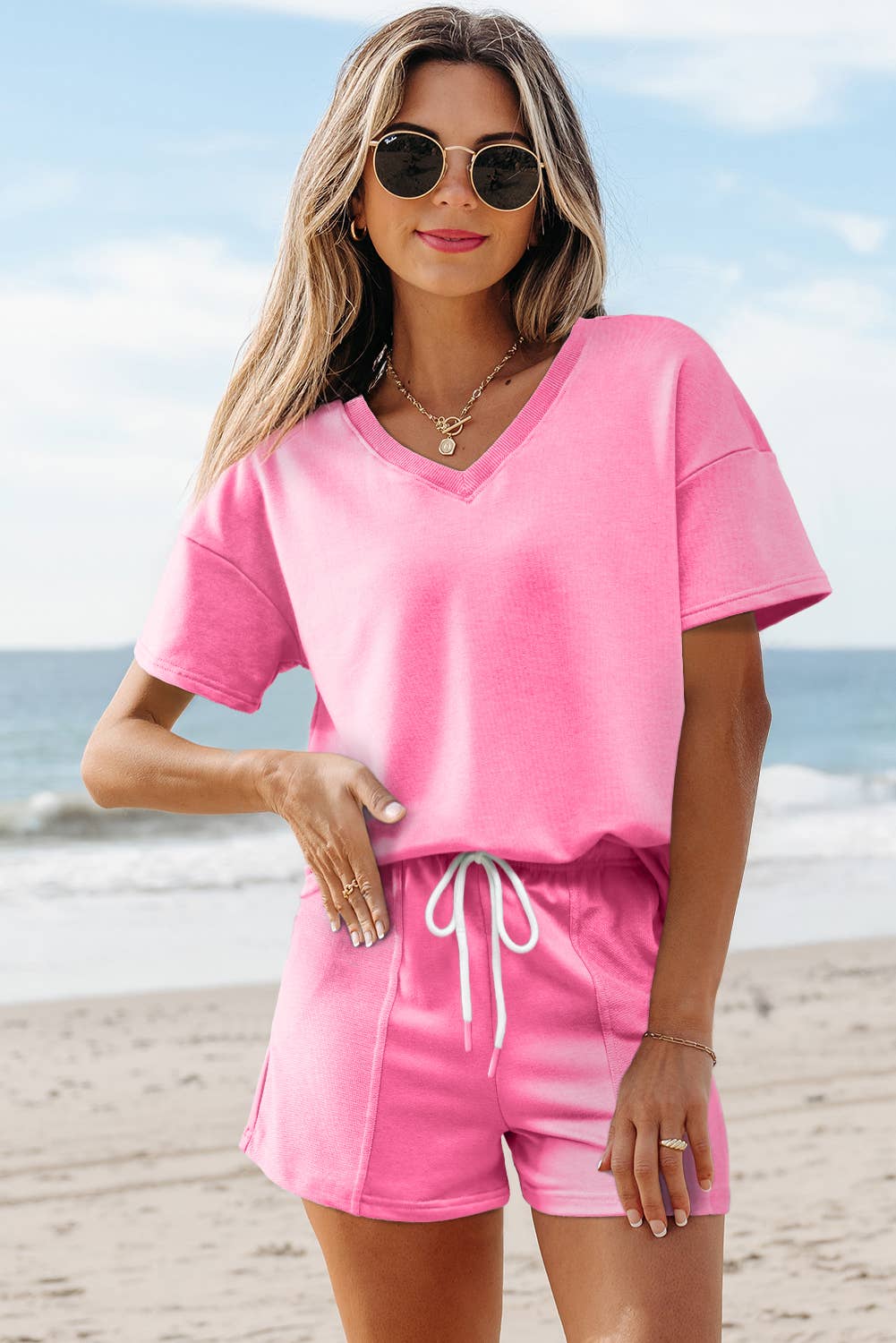 Comfy V Neck Tee & Pockets Shorts Set | S-XL