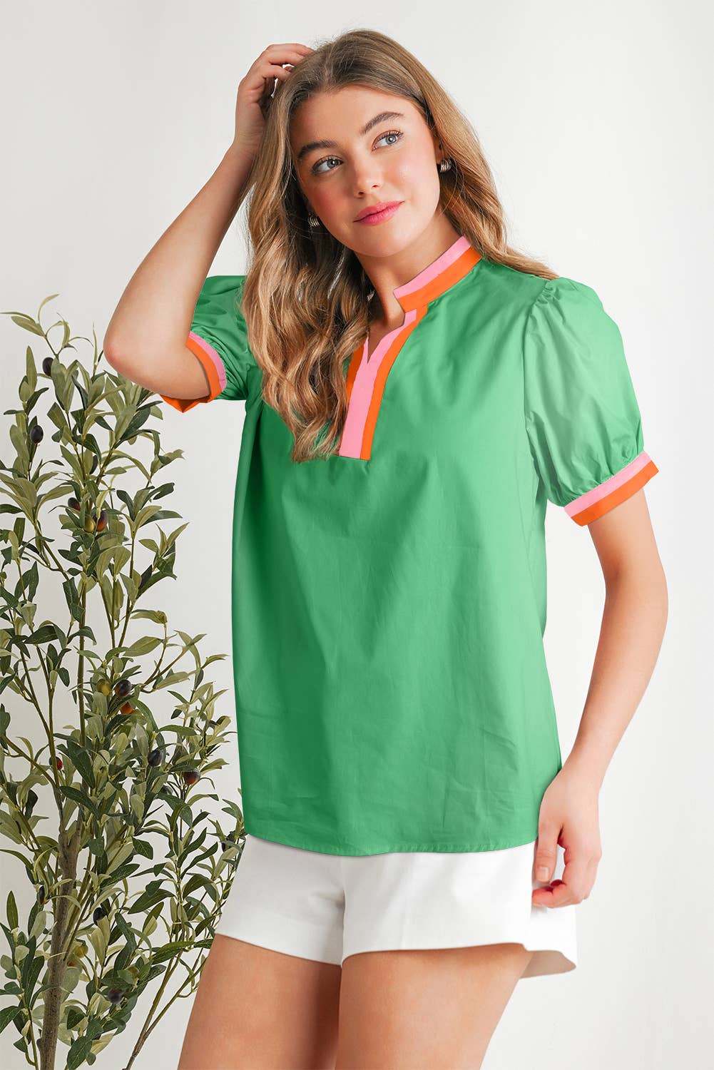 Colorblock Shift Short Sleeve V-neck blouse | S-XL