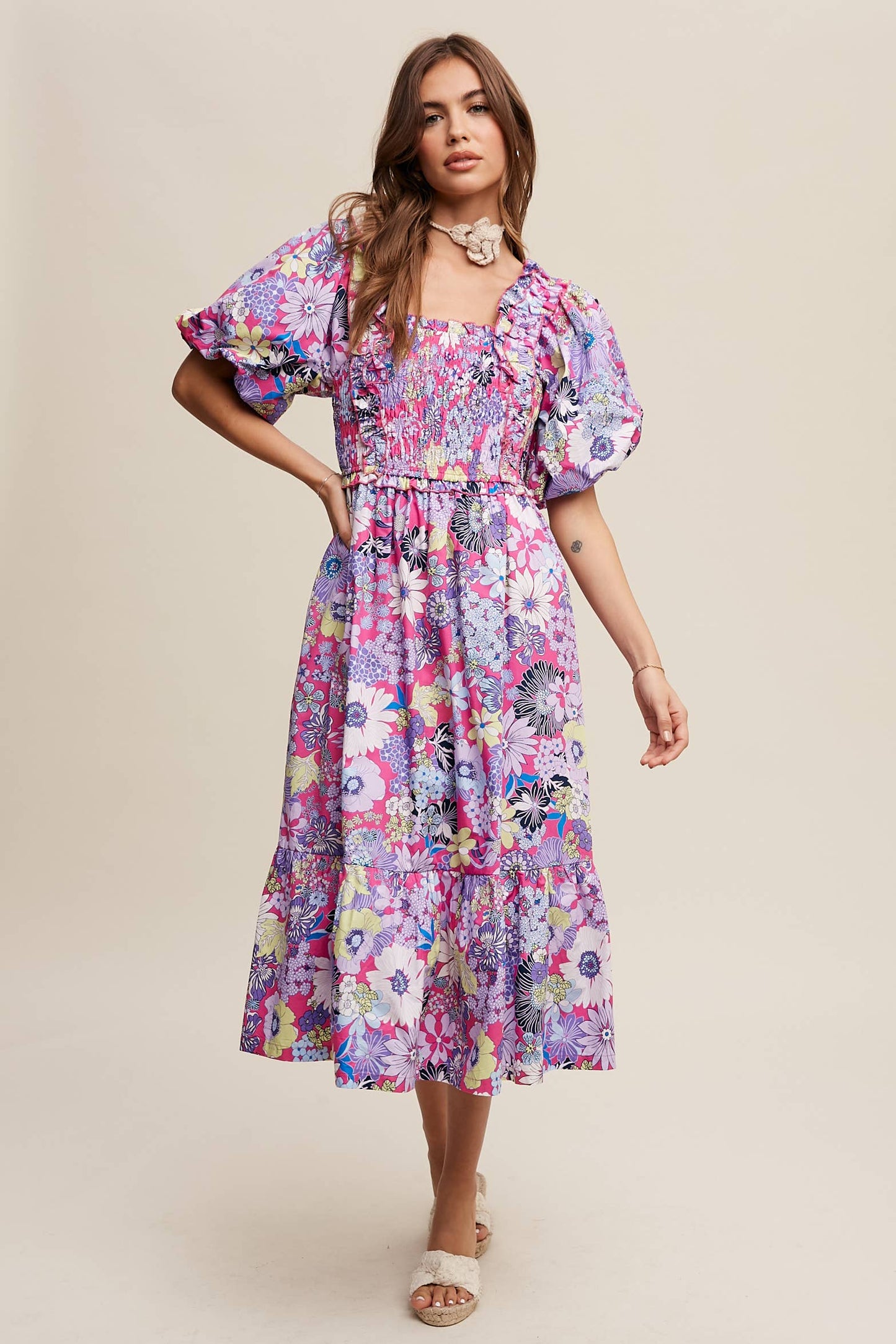 Vintage Flower Print Puff-Sleeve Midi Dress