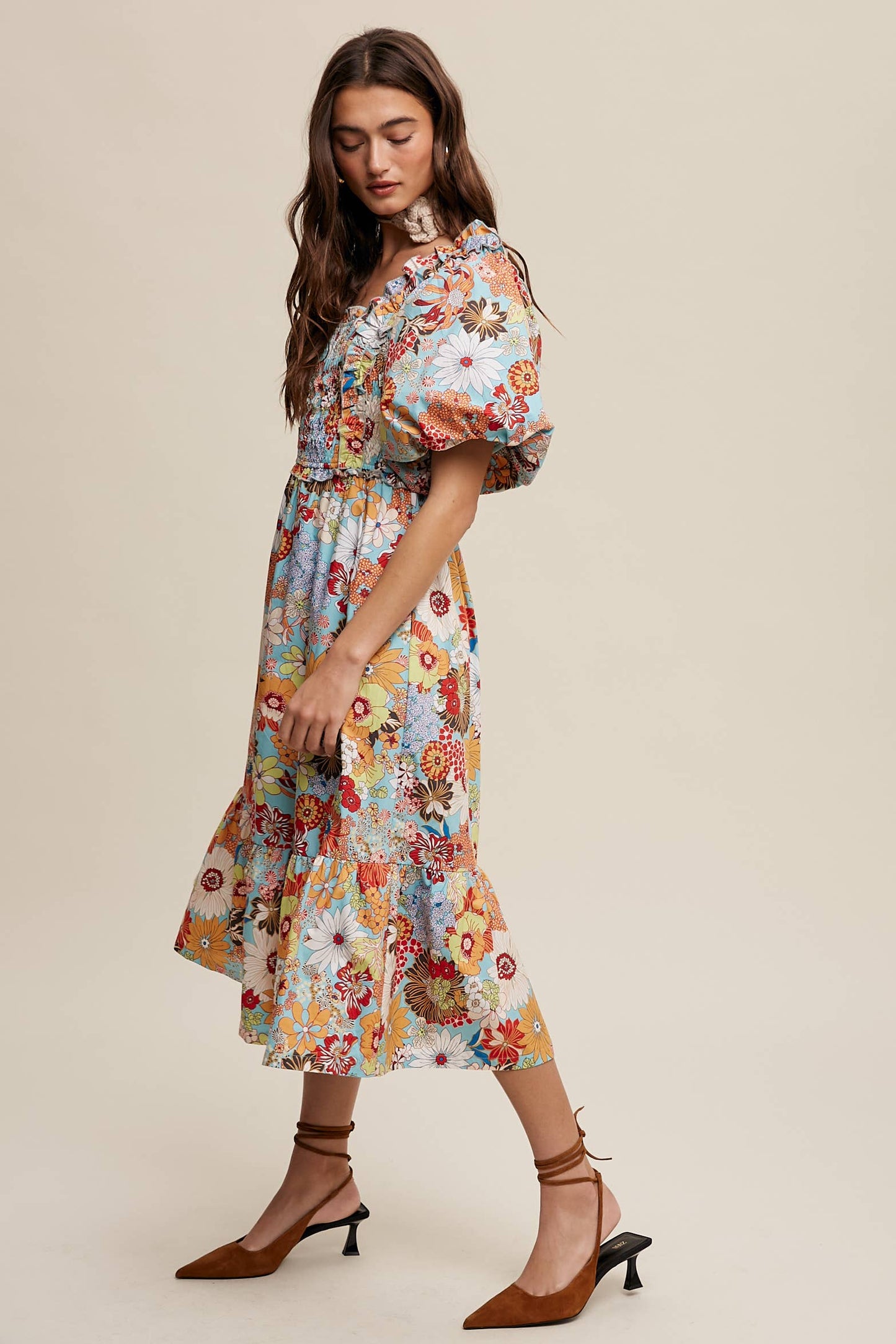 Vintage Flower Print Puff-Sleeve Midi Dress