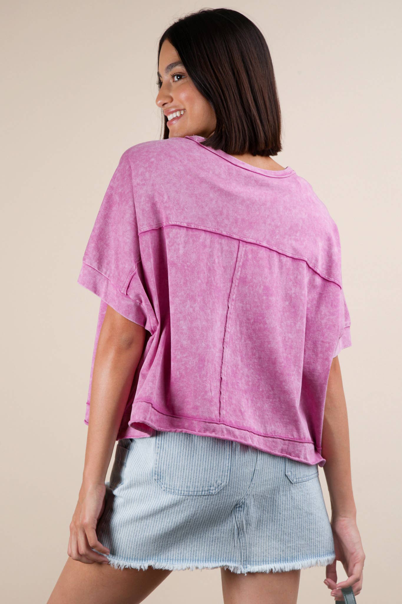 NT11429-Mineral Washed Oversized Crop Comfy Knit Top