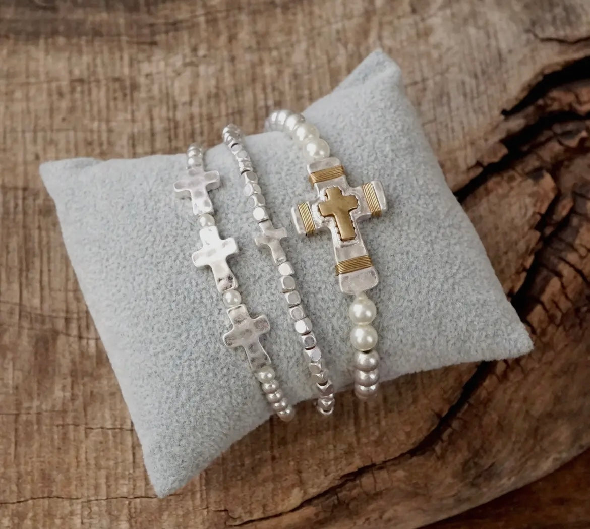 Cross Bracelet Set Worn Silver