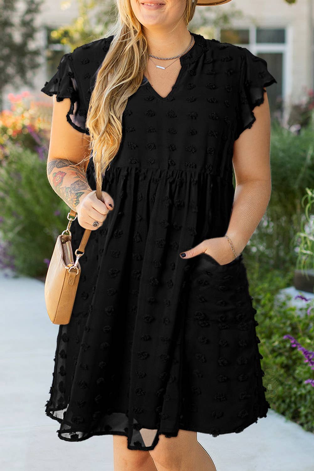 Navy Blue Dotty Textured Notched Neck Plus Ruffled Dress