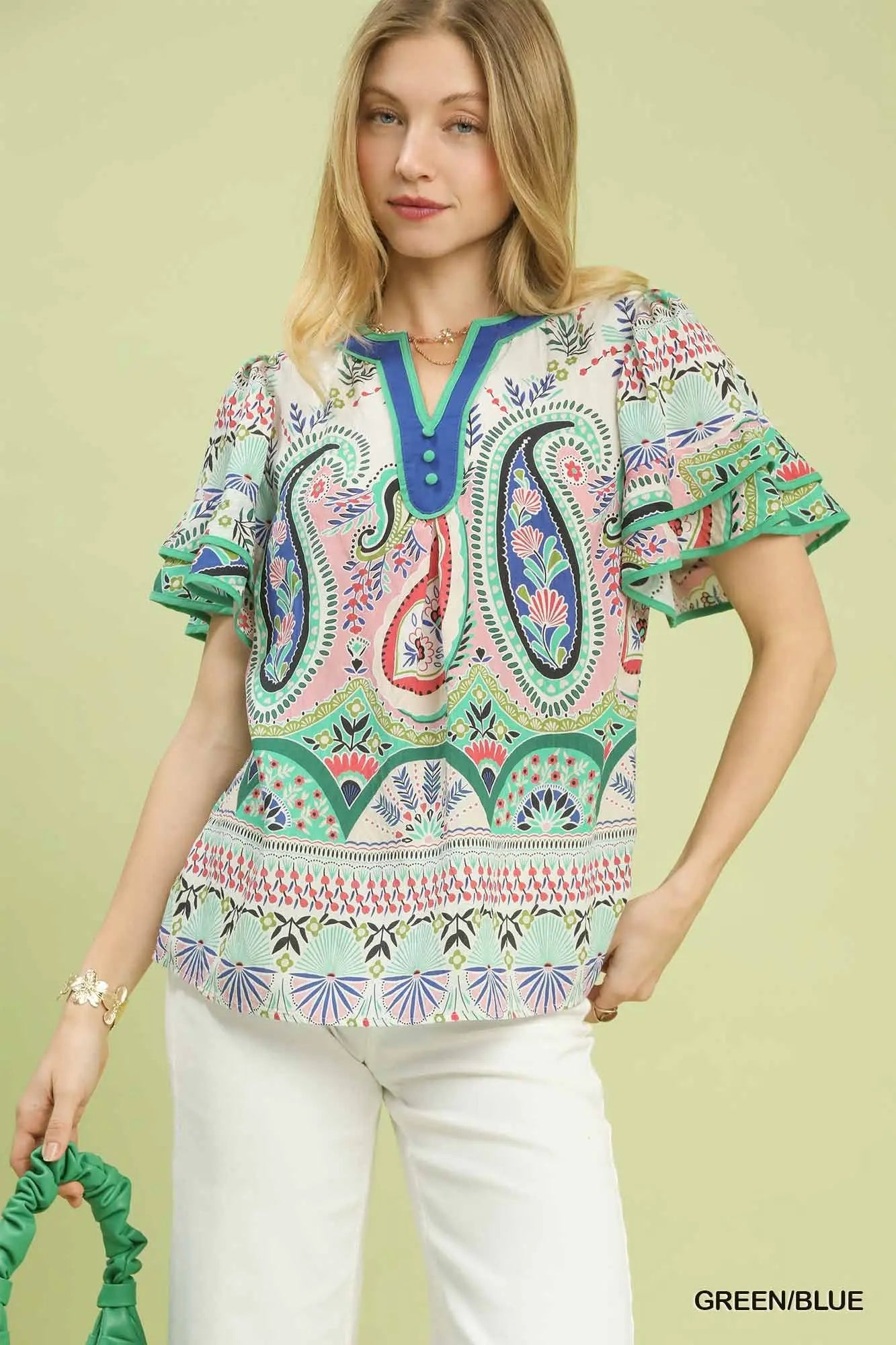 Paisley Print Ruffle Sleeve Blouse
