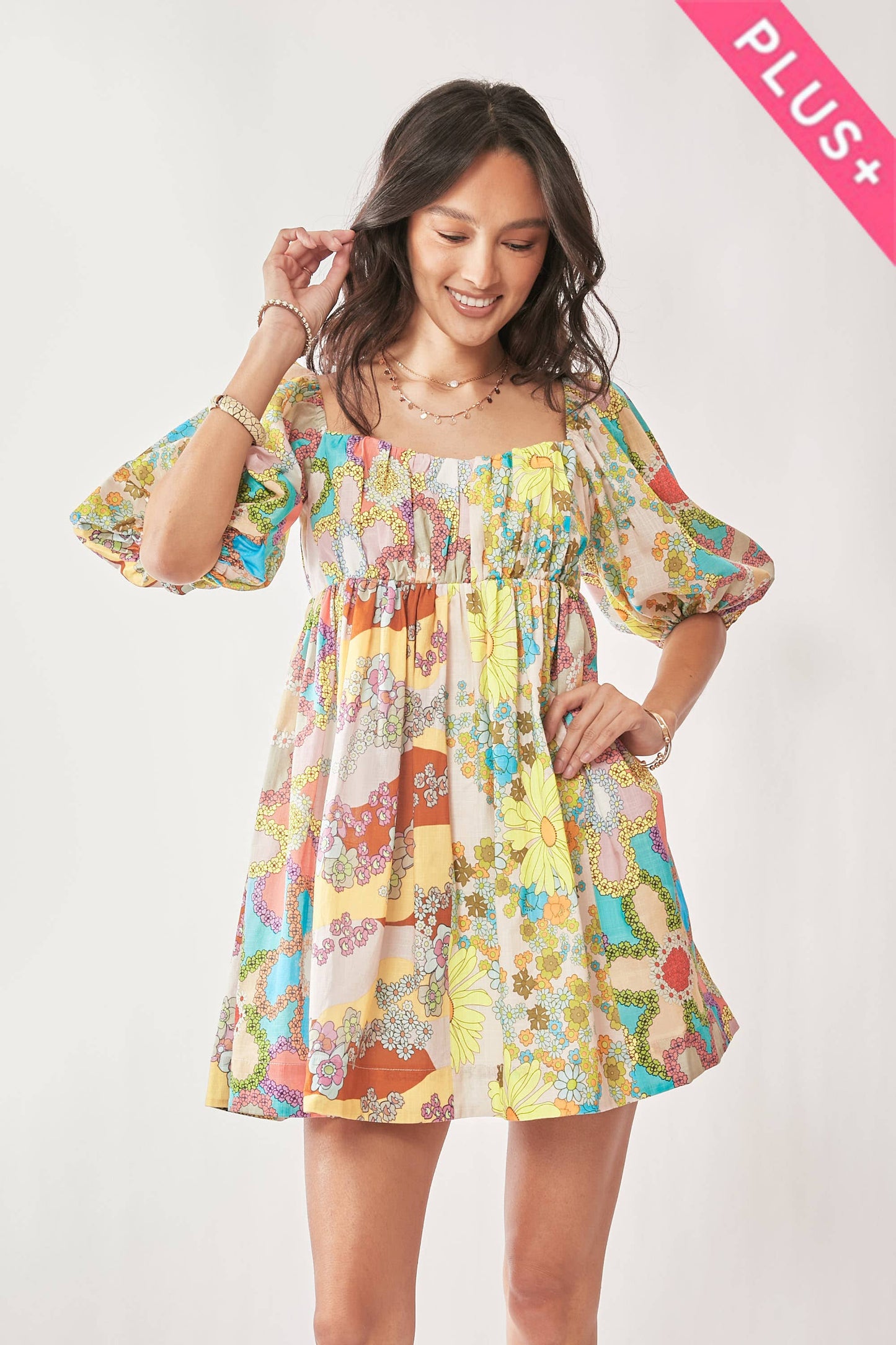 PLUS FLORAL PUFF SHORT SLEEVE BABYDOLL MINI DRESS