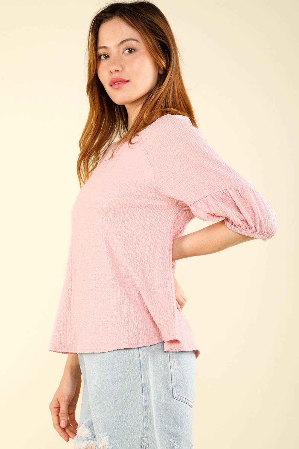 NT11467-Half Puff Sleeve Crinkle Knit Top