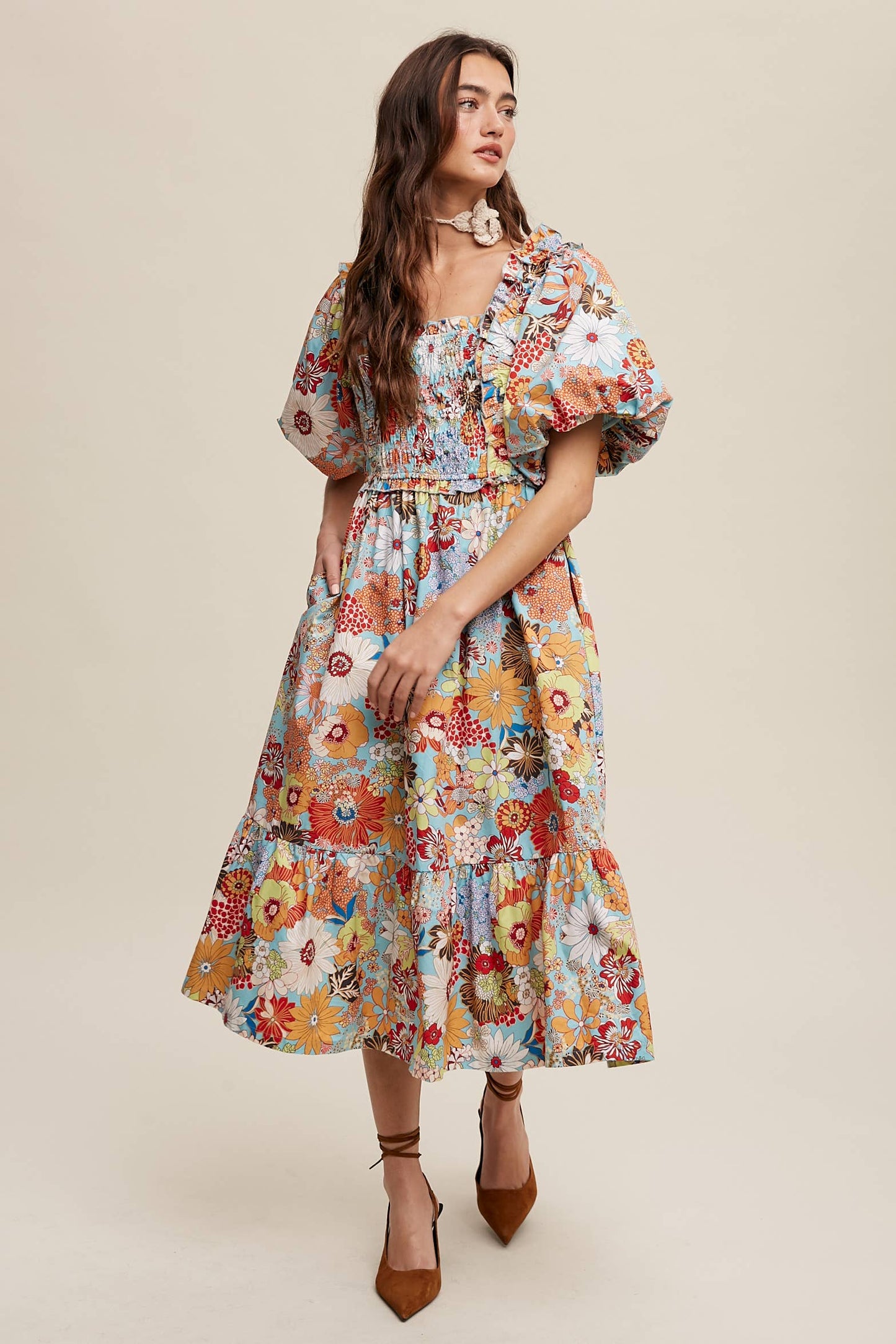 Vintage Flower Print Puff-Sleeve Midi Dress
