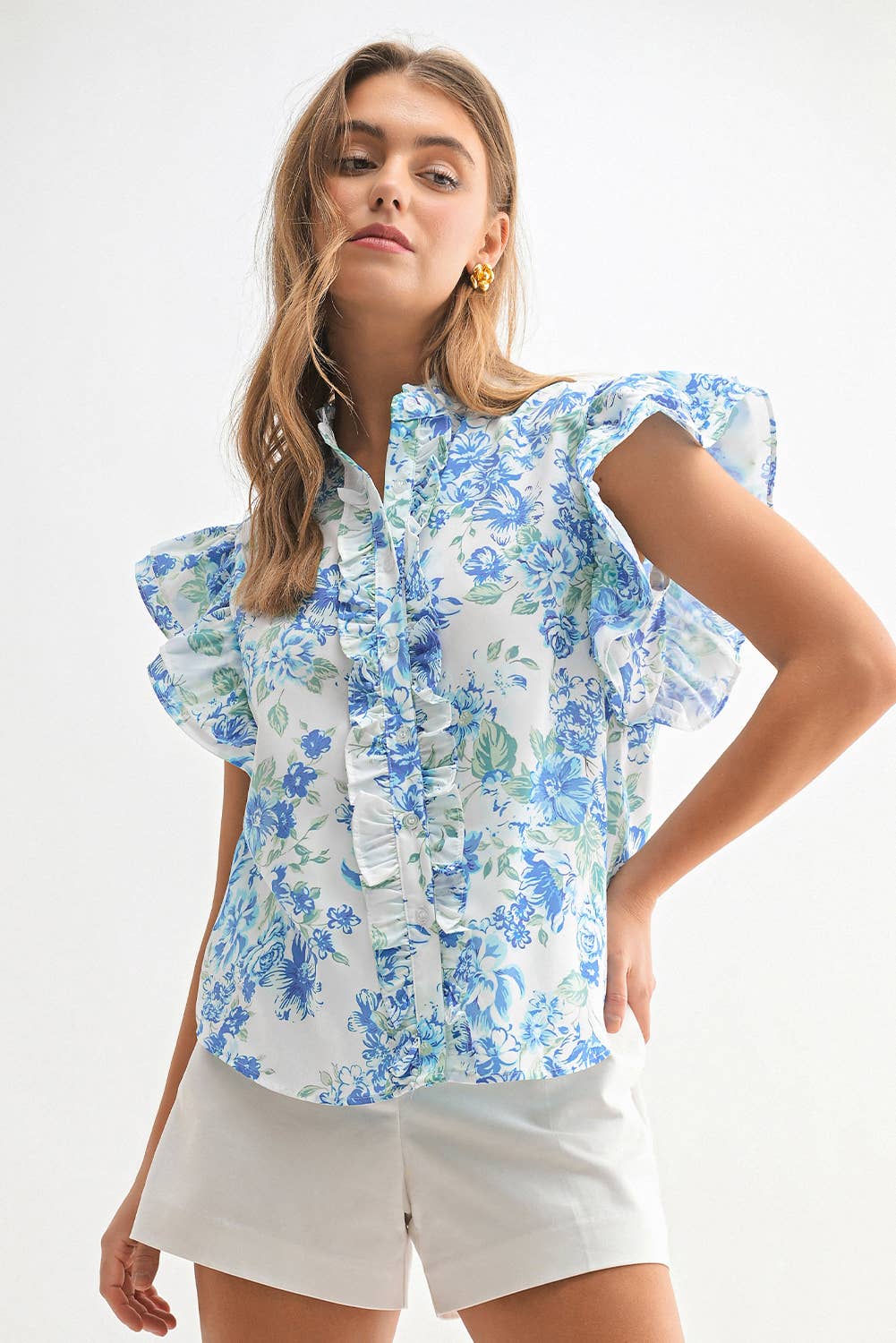 Chic Floral Print Ruffle Frilly Button Up Shirt | S-XL