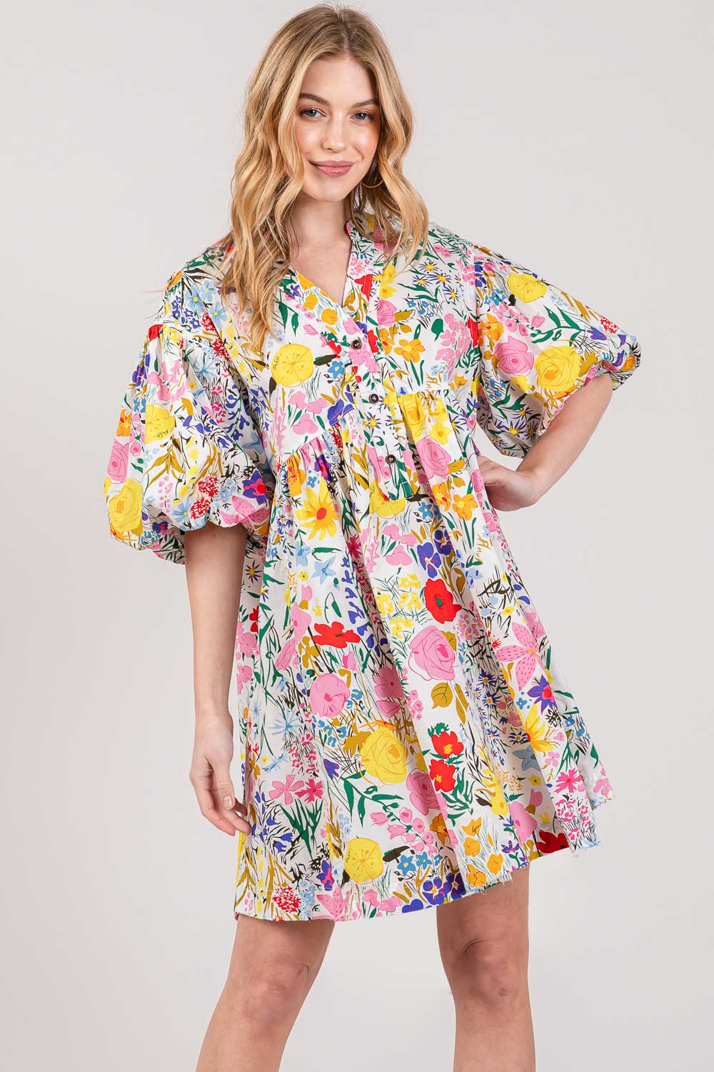 HALF BUTTON BUBBLE SLEEVE FLORAL MIDI DRESS