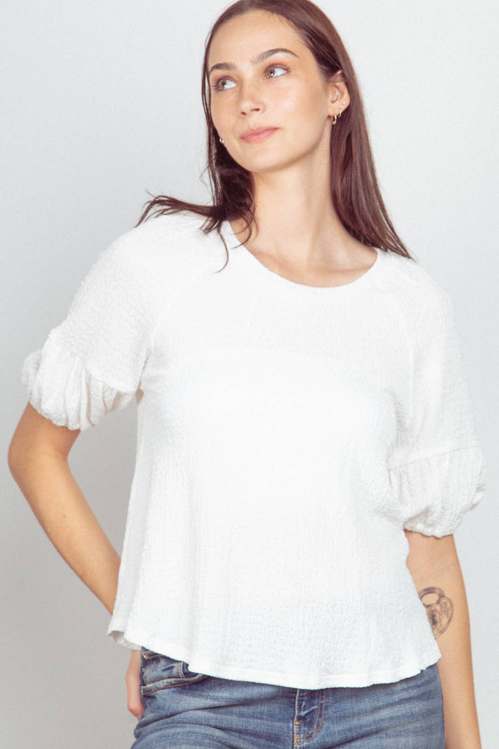 NT11467-Half Puff Sleeve Crinkle Knit Top