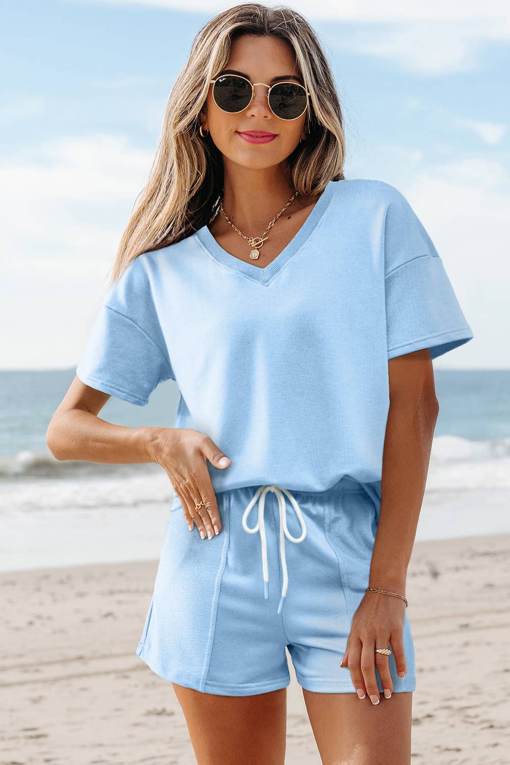 Comfy V Neck Tee & Pockets Shorts Set | S-XL