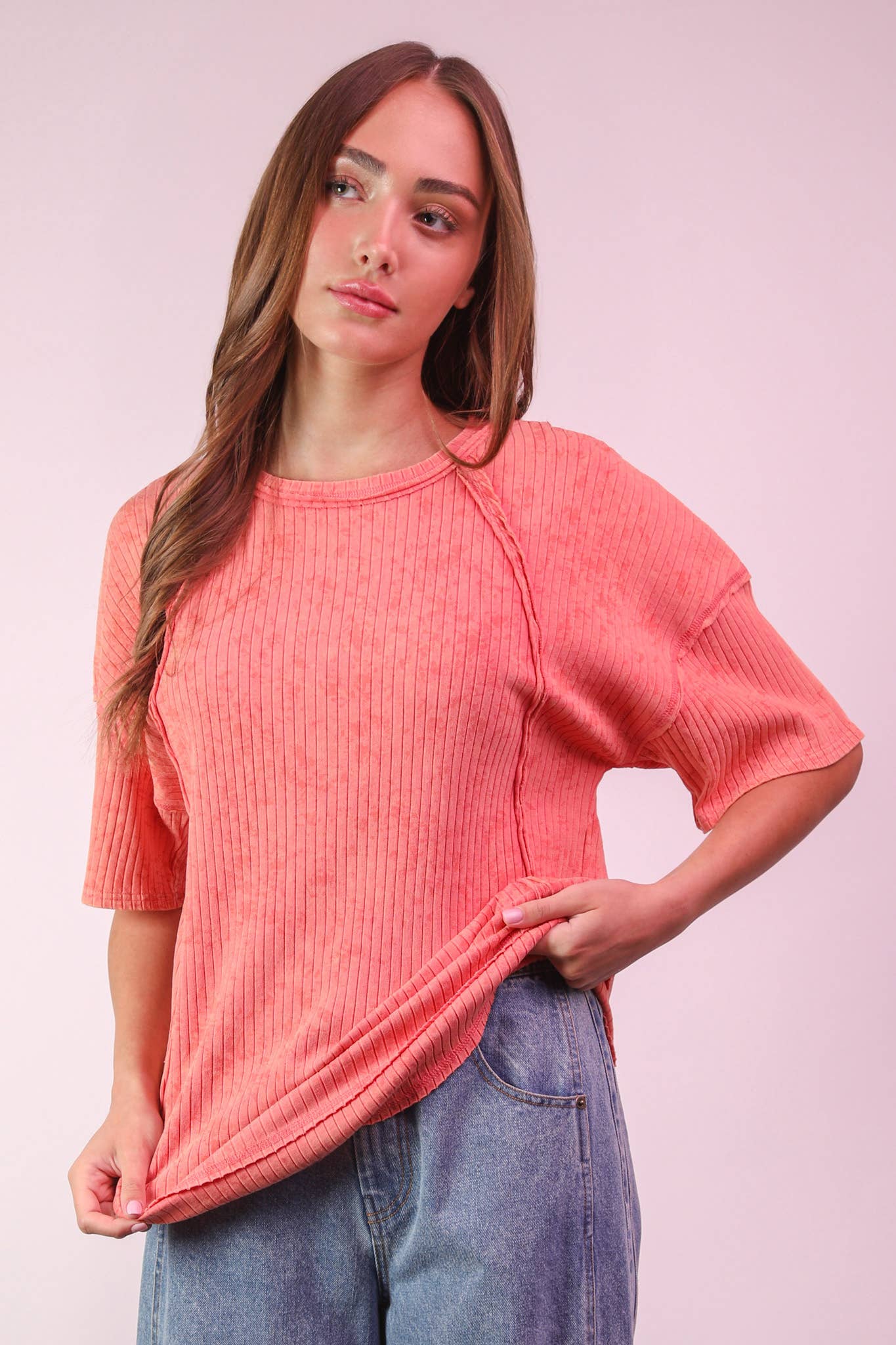 NT12086X-PLUS SIZE Mineral Washed Ribbed Knit Casual Top