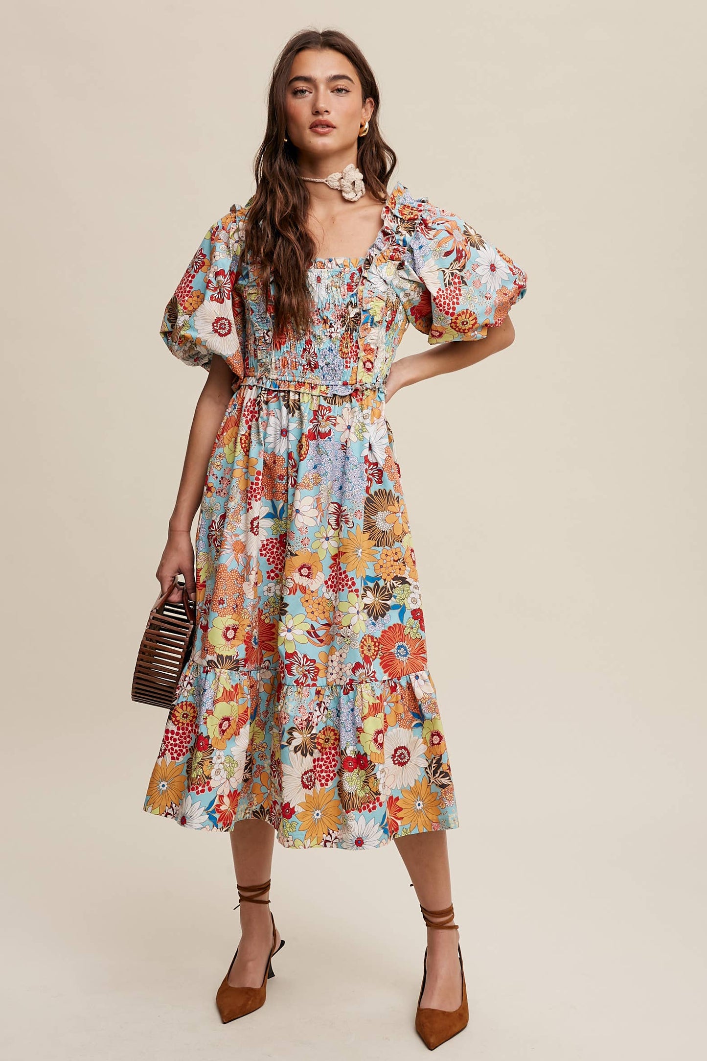 Vintage Flower Print Puff-Sleeve Midi Dress