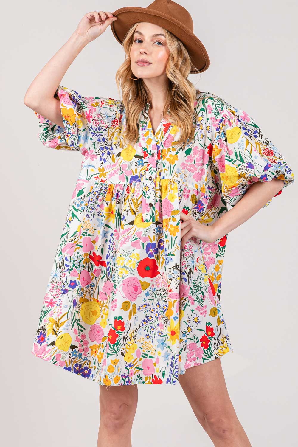 HALF BUTTON BUBBLE SLEEVE FLORAL MIDI DRESS