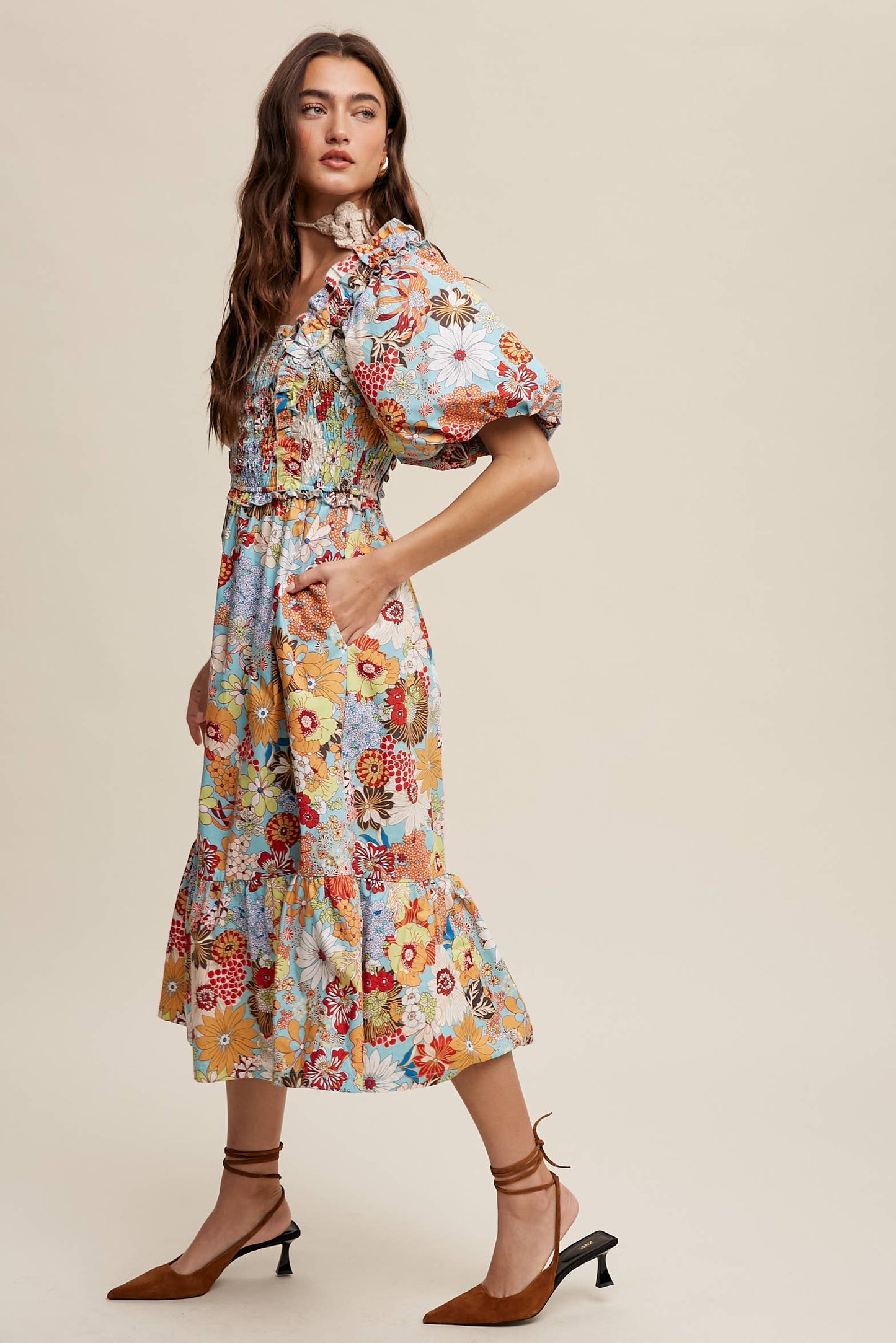 Vintage Flower Print Puff-Sleeve Midi Dress